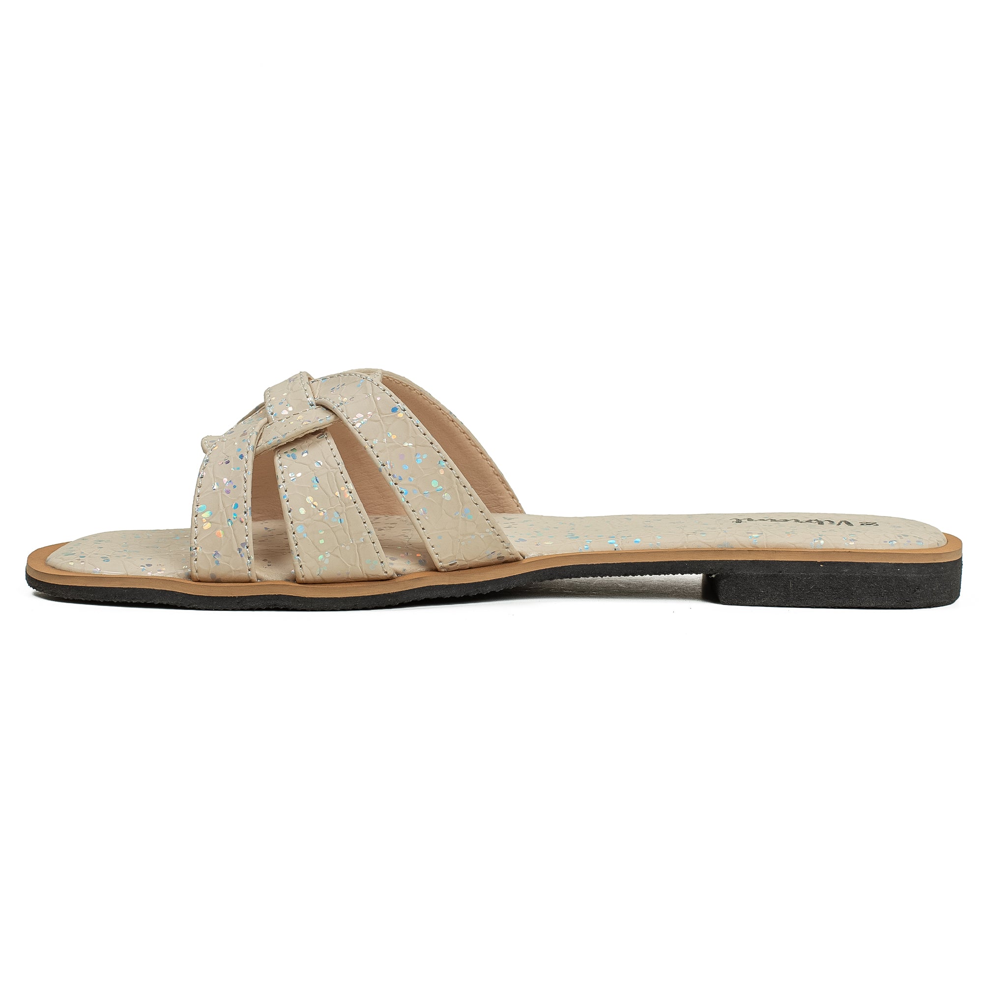 Vibrant Ladies' Beige Flat Sandal – Elegant PU Leather Slip-On with Cushioned Insole & TPR Sole - Vibrantbd.com