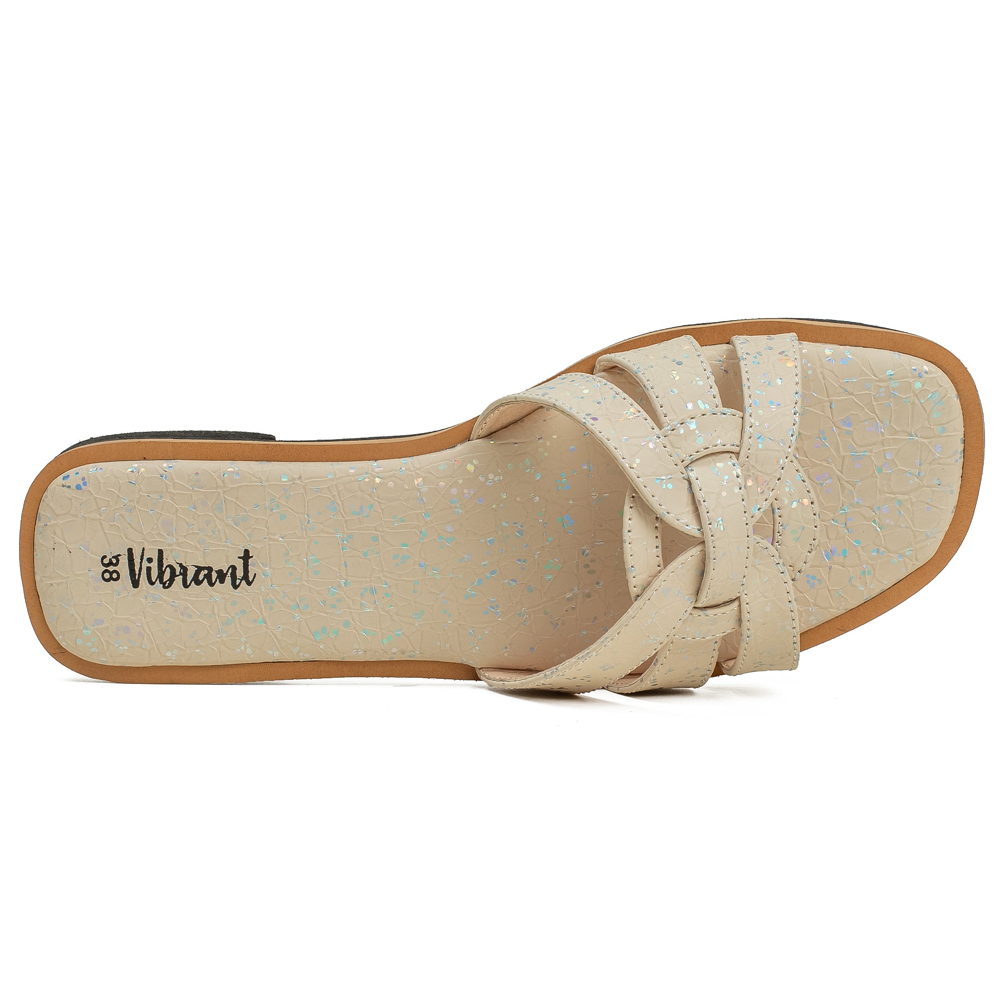 Vibrant Ladies' Beige Flat Sandal – Elegant PU Leather Slip-On with Cushioned Insole & TPR Sole - Vibrantbd.com