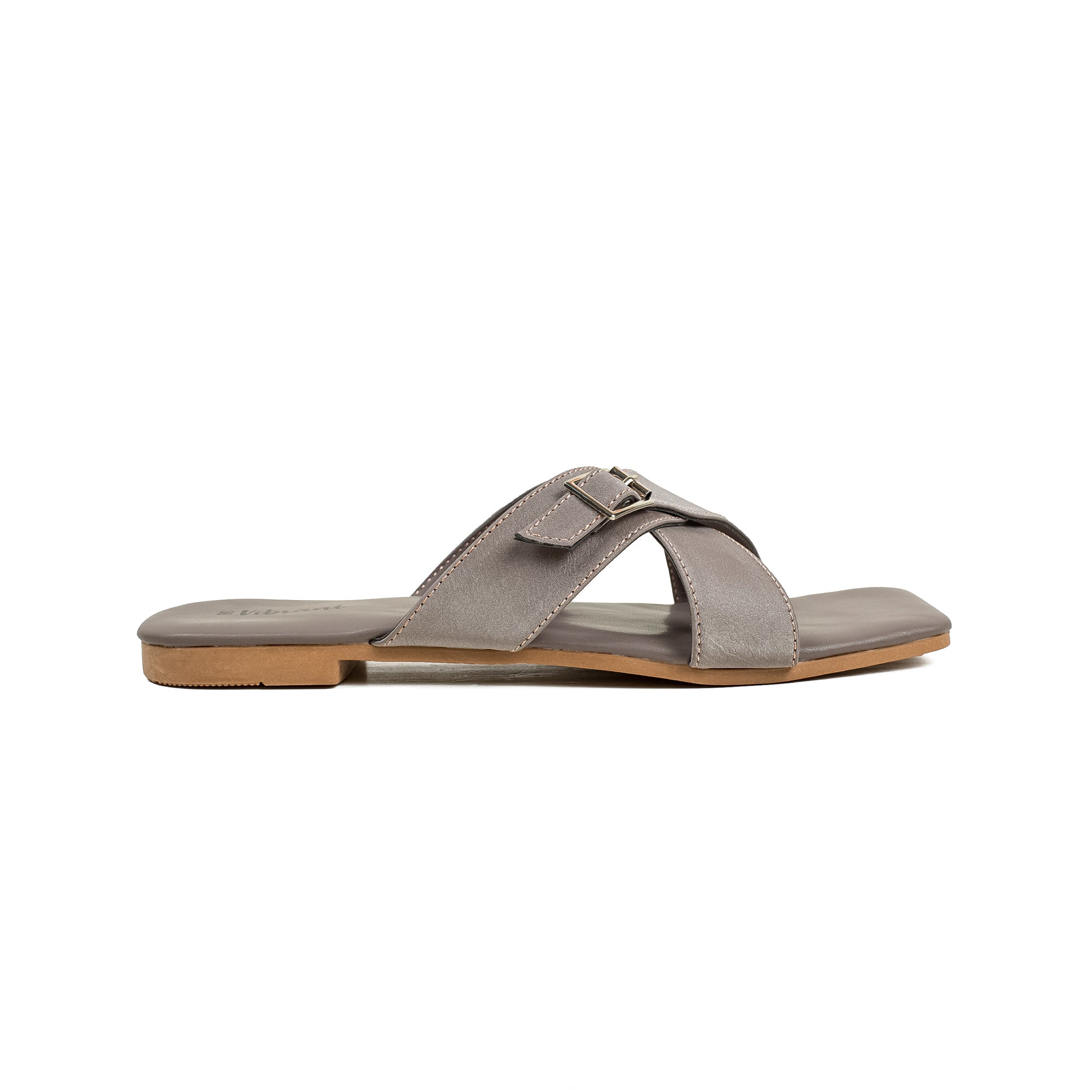 Vibrant Ladies' Grey Flat Sandal – Stylish PU Leather Comfort Footwear with Cushioned Insole & TPR Sole - Vibrantbd.com