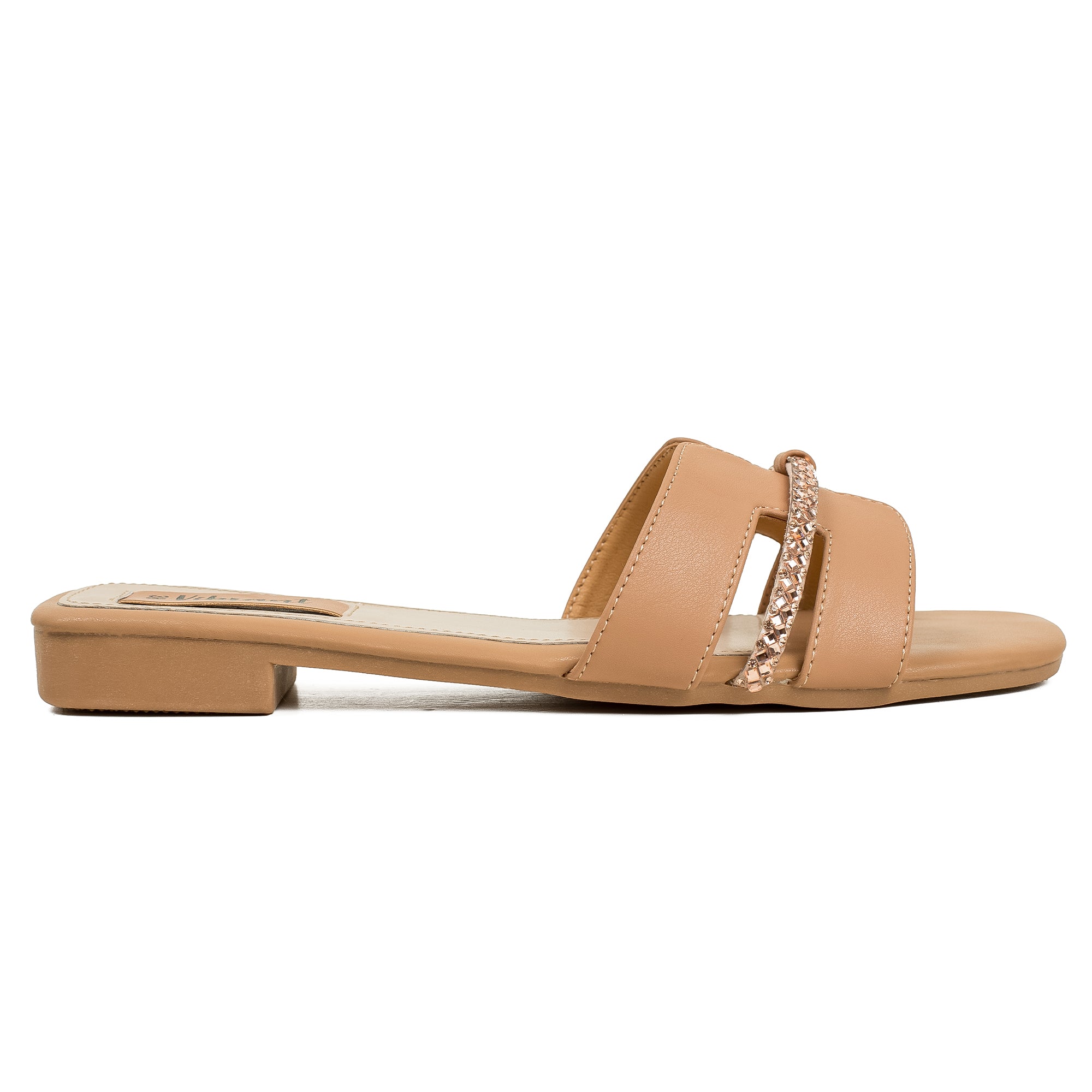 Vibrant Ladies' Beige Flat Sandal – Elegant PU Leather Slip-On with Cushioned Insole & TPR Sole - Vibrantbd.com