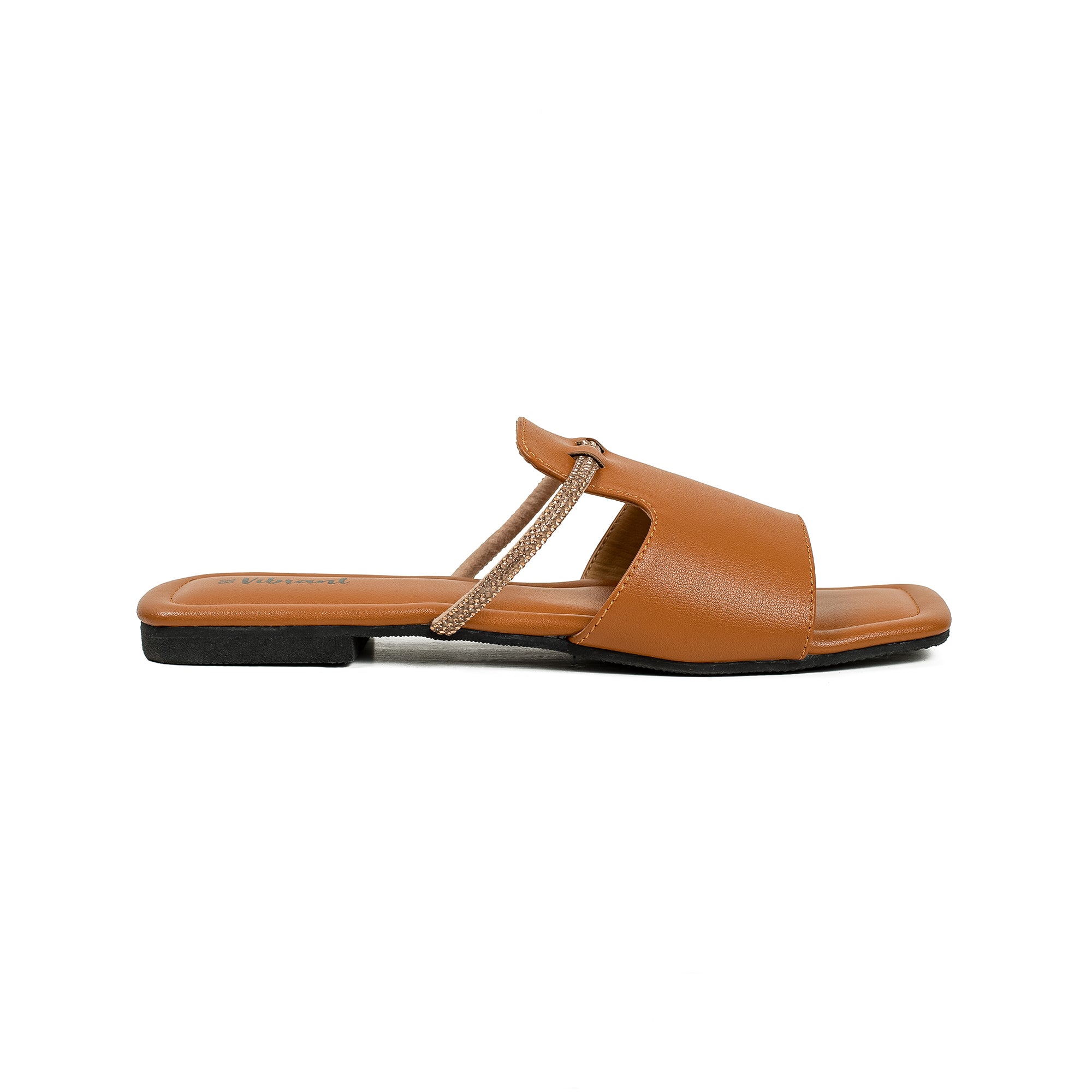 Vibrant Ladies' Tan Flat Sandal – Elegant PU Leather Slip-On with Cushioned Insole & TPR Sole - Vibrantbd.com