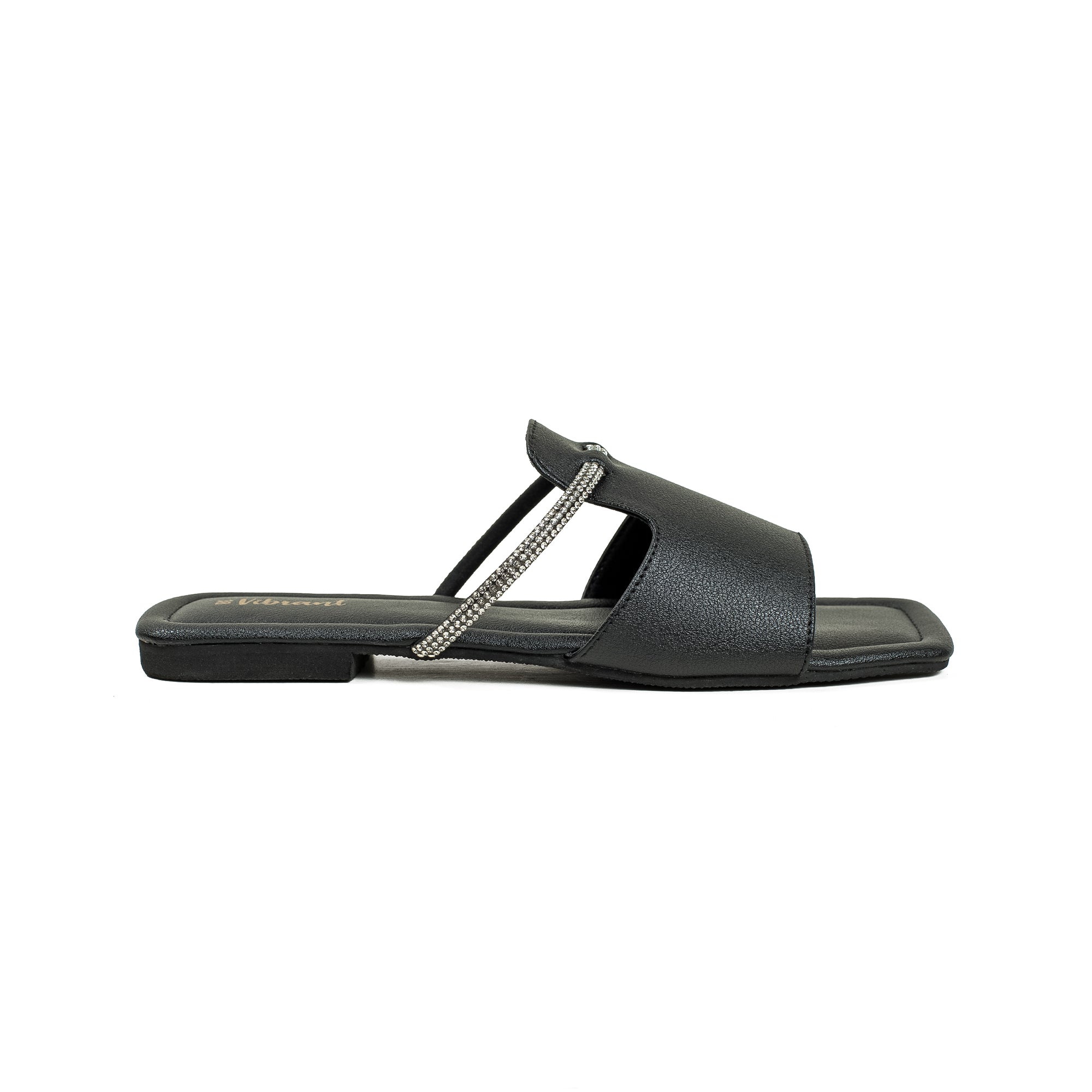 Vibrant Ladies' Black Flat Sandal – Elegant PU Leather Slip-On with Cushioned Insole & TPR Sole - Vibrantbd.com