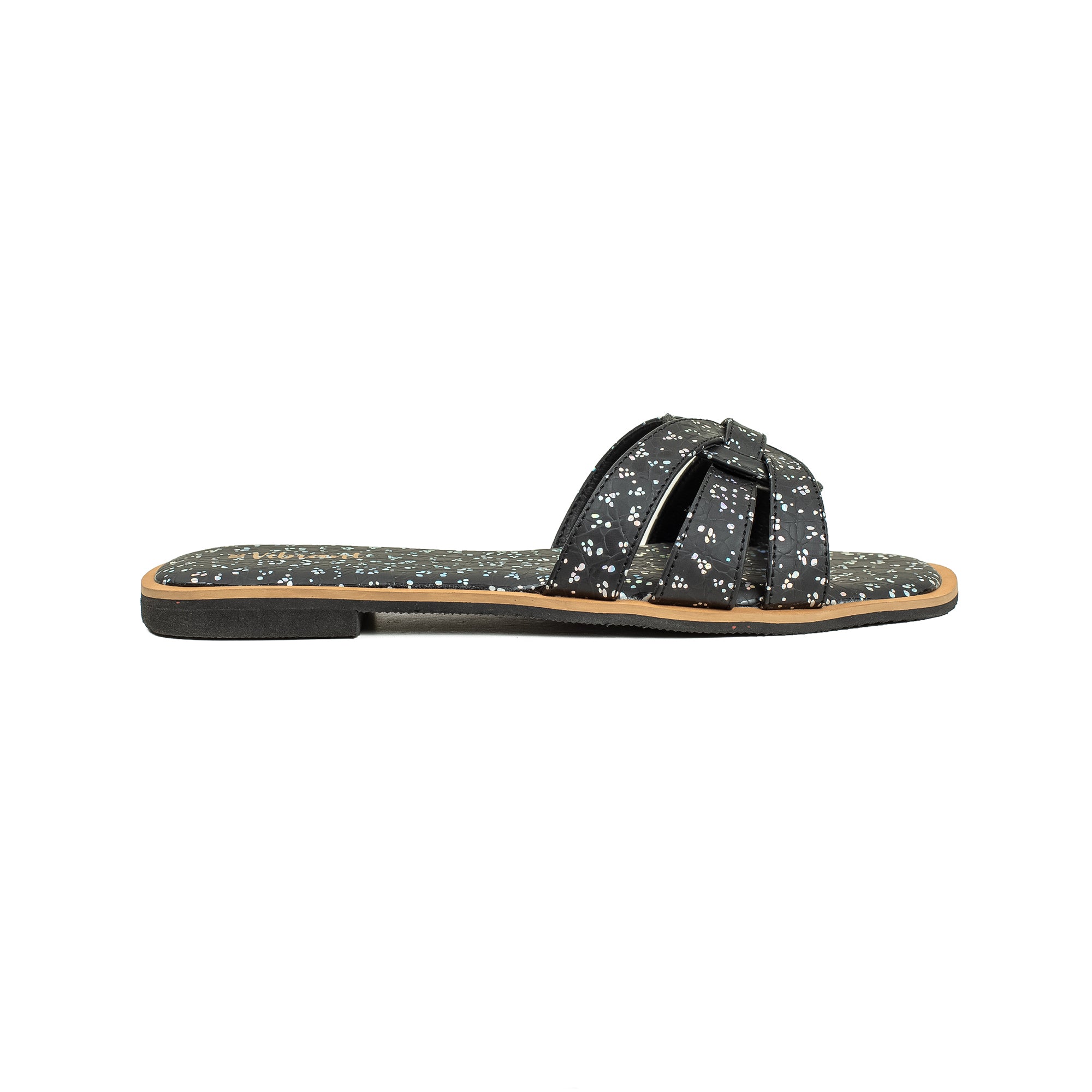 Vibrant Ladies' Black Flat Sandal – Elegant PU Leather Slip-On with Cushioned Insole & TPR Sole