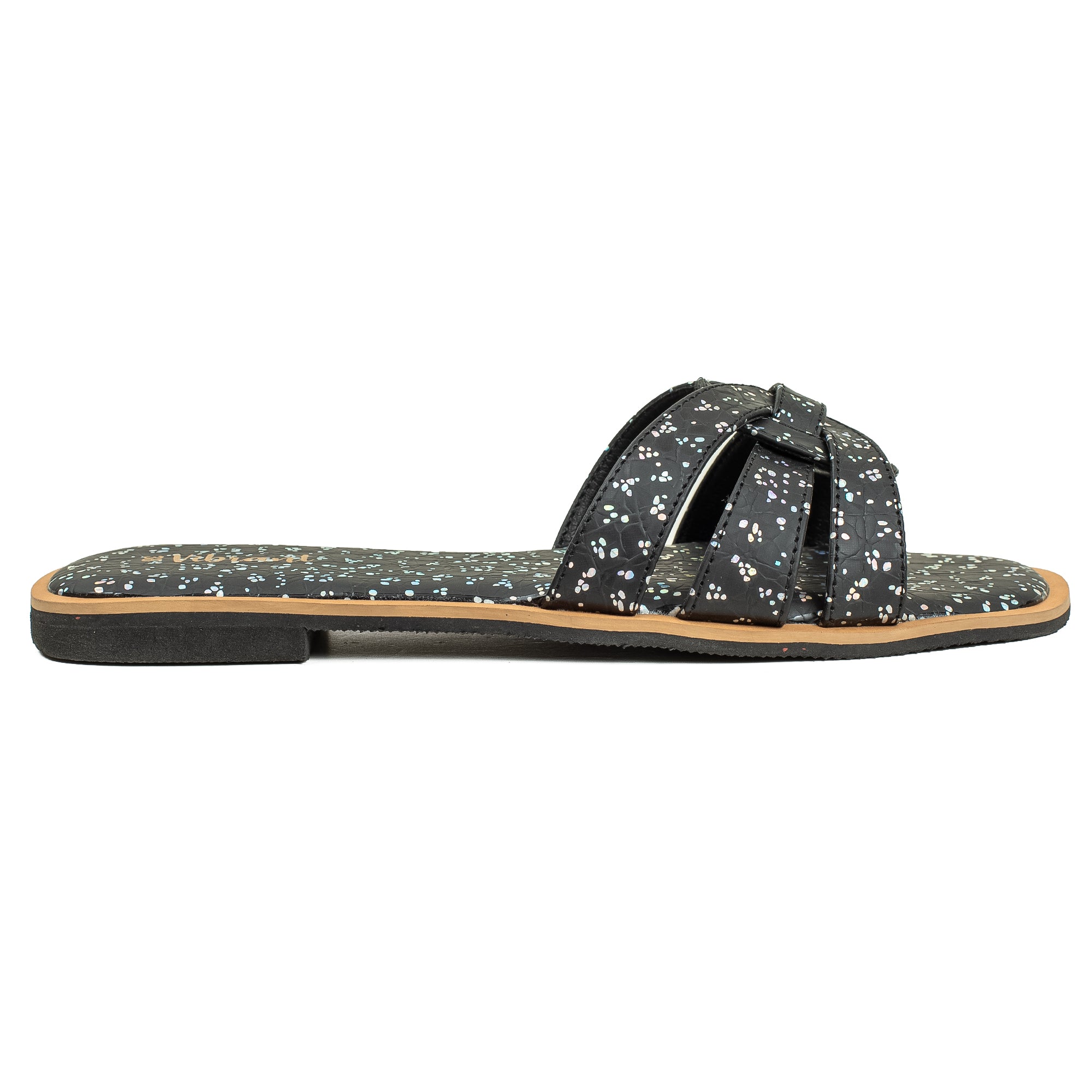 Vibrant Ladies' Black Flat Sandal – Elegant PU Leather Slip-On with Cushioned Insole & TPR Sole - Vibrantbd.com