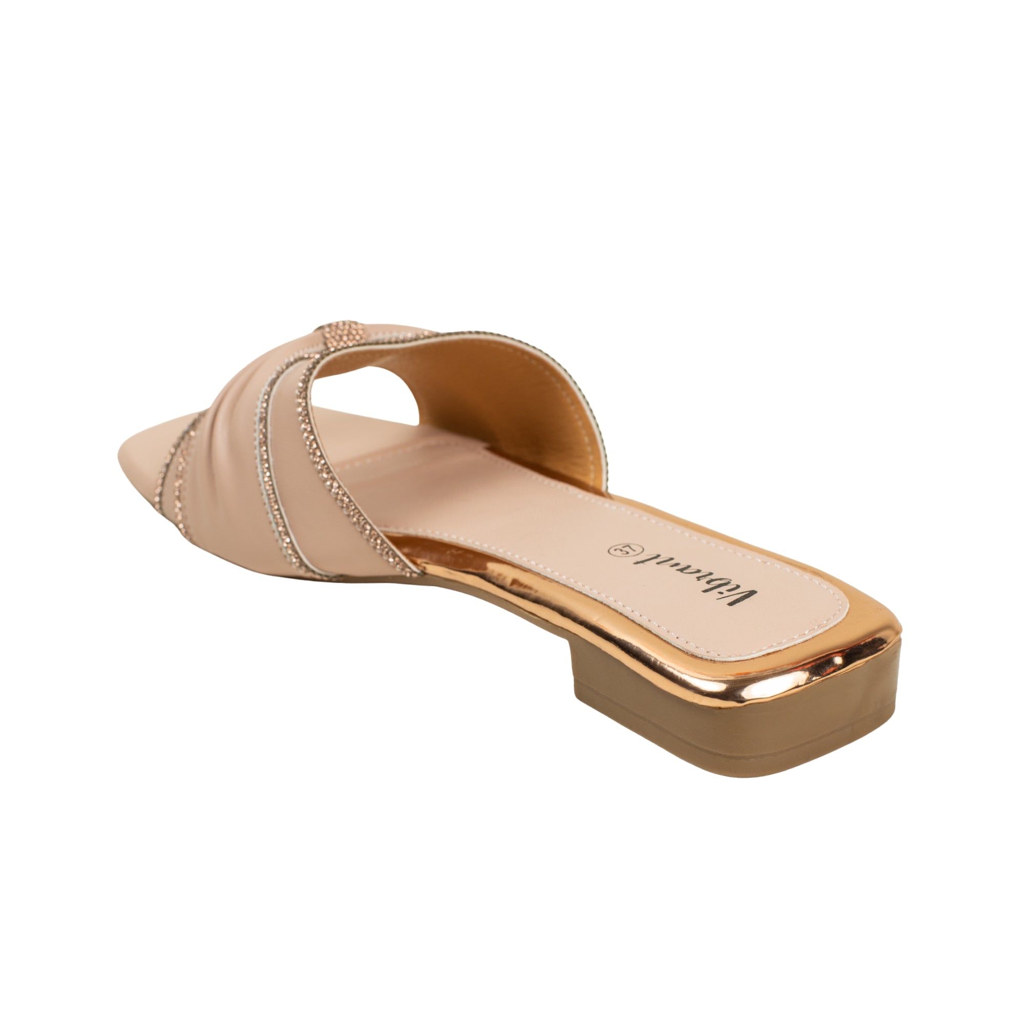 Vibrant Ladies' Beige Flat Sandal – Elegant PU Leather Slip-On with Cushioned Insole & TPR Sole - Vibrantbd.com