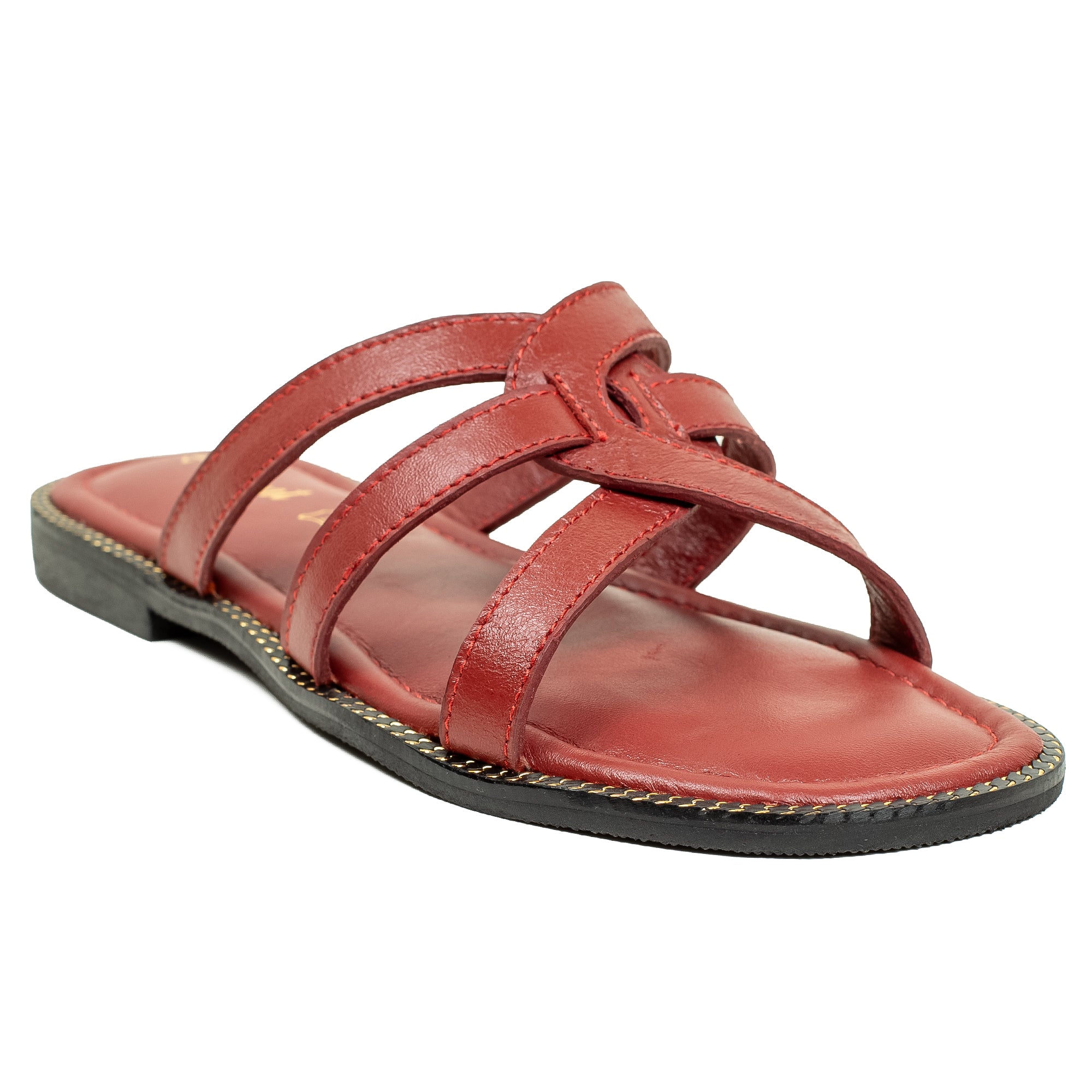 Vibrant Ladies' Red Flat Sandal – Leather Slip-On with Cushioned Insole - Vibrantbd.com