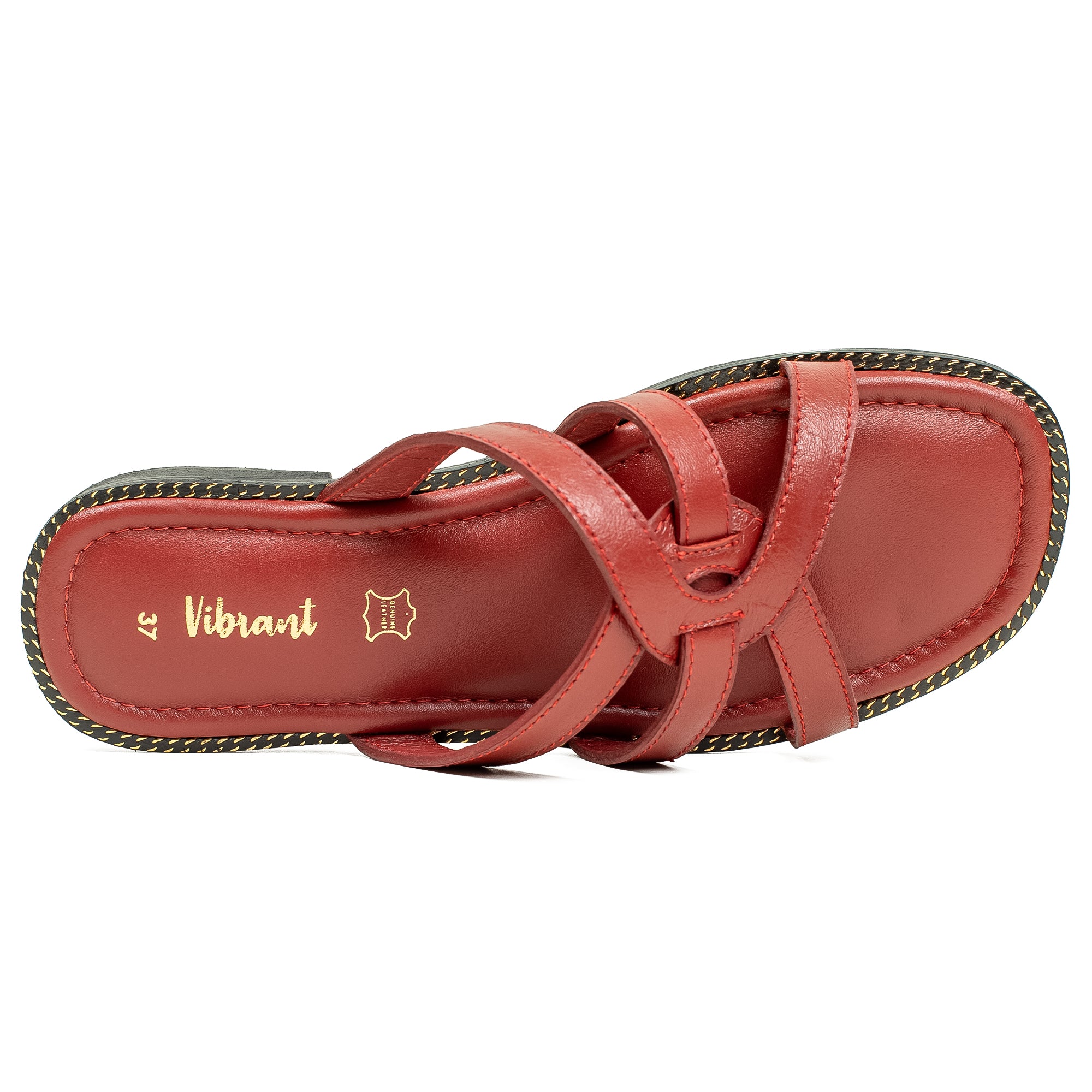 Vibrant Ladies' Red Flat Sandal – Leather Slip-On with Cushioned Insole - Vibrantbd.com