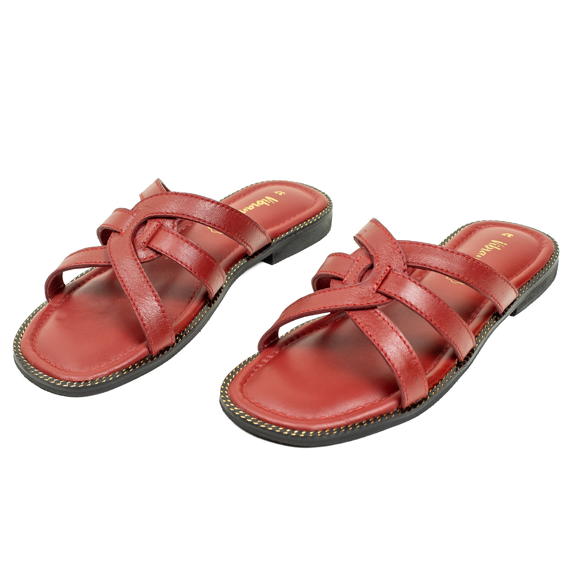 Vibrant Ladies' Red Flat Sandal – Leather Slip-On with Cushioned Insole - Vibrantbd.com