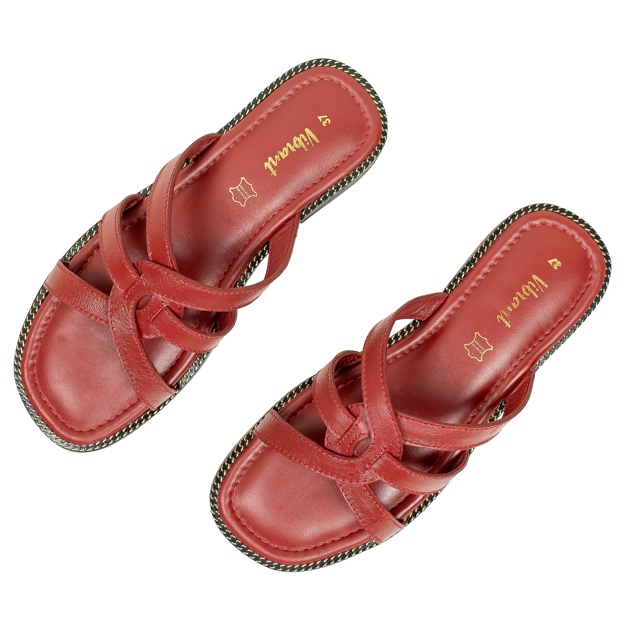 Vibrant Ladies' Red Flat Sandal – Leather Slip-On with Cushioned Insole - Vibrantbd.com