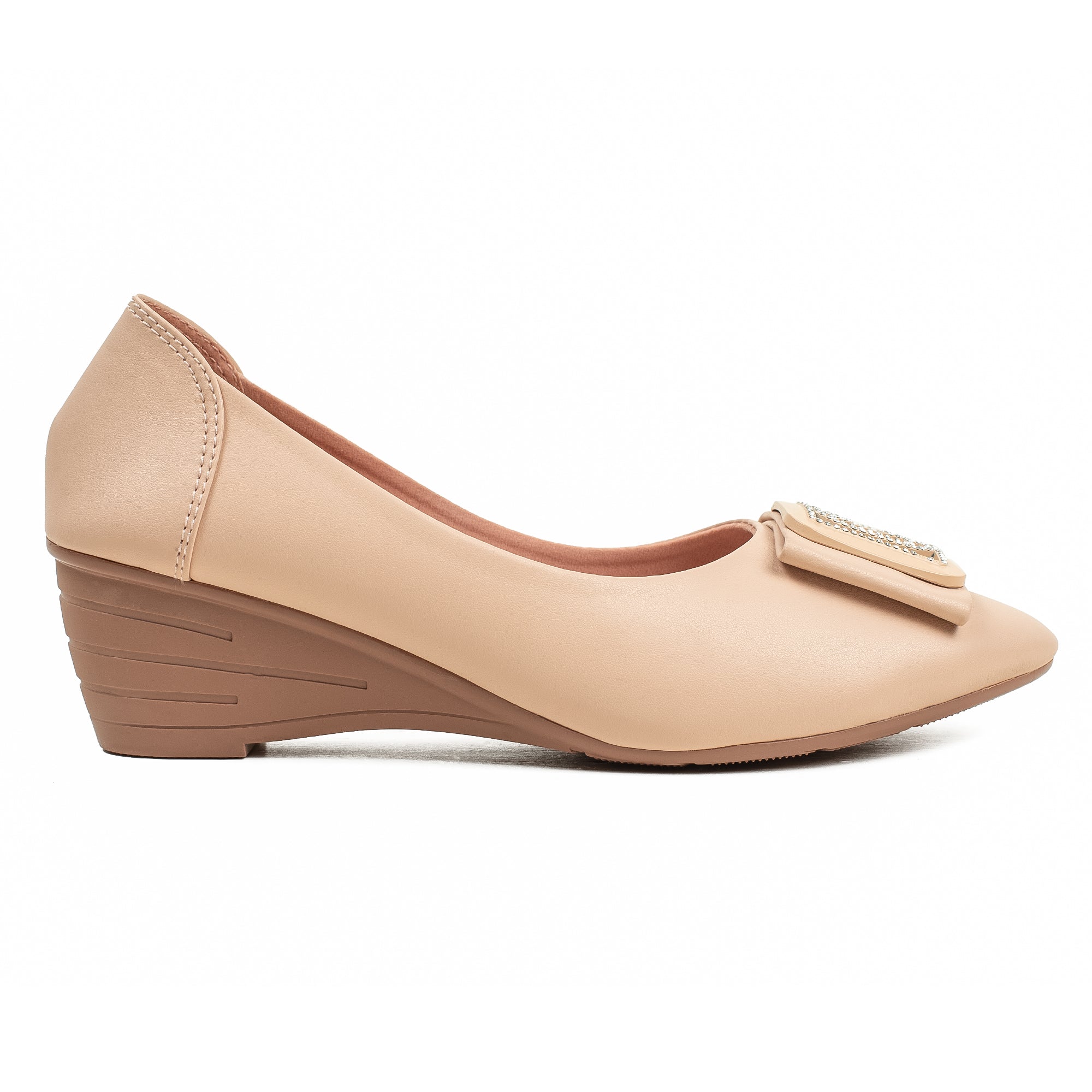 Vibrant Ladies Beige Close-Toe Wedge Heel Shoes with Metallic Trim – Elegant Comfort & Style for Every Occasion - Vibrantbd.com