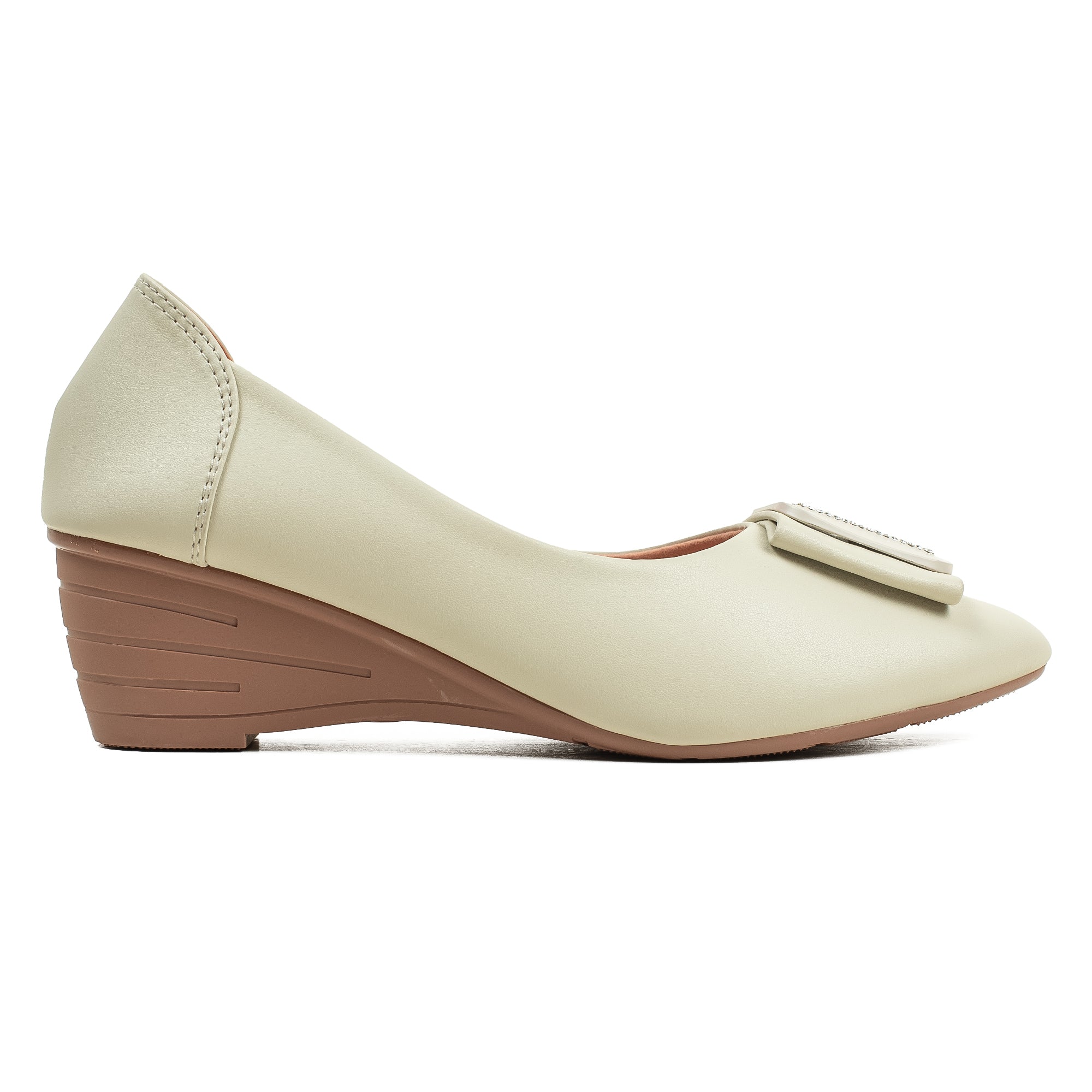 Vibrant Ladies Cream Close-Toe Wedge Heel Shoes with Metallic Trim – Elegant Comfort & Style for Every Occasion - Vibrantbd.com