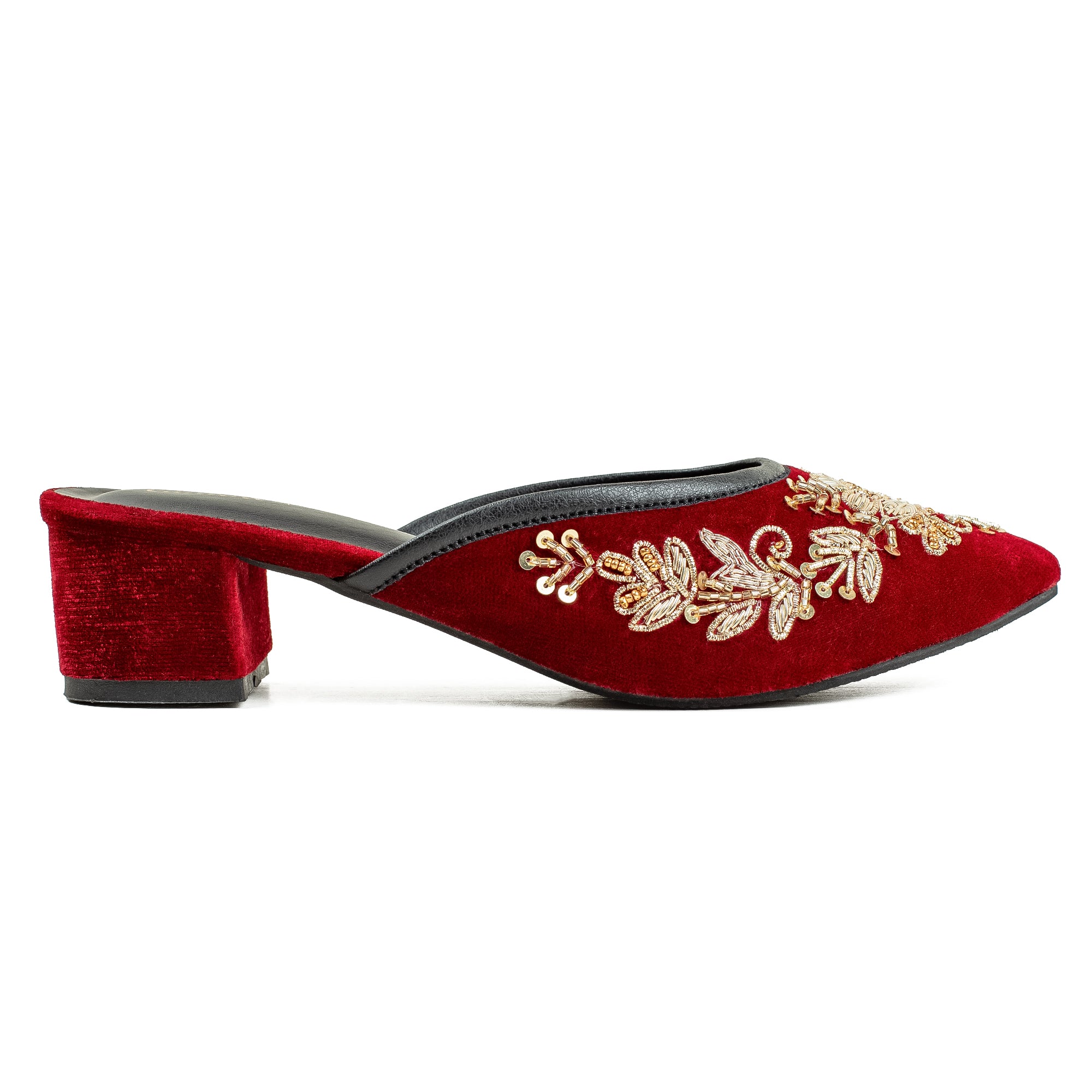 Vibrant Women's Red Embroidered Velvet Block Heel Sandal – Stylish & Comfortable Party Wear Shoes - Vibrantbd.com