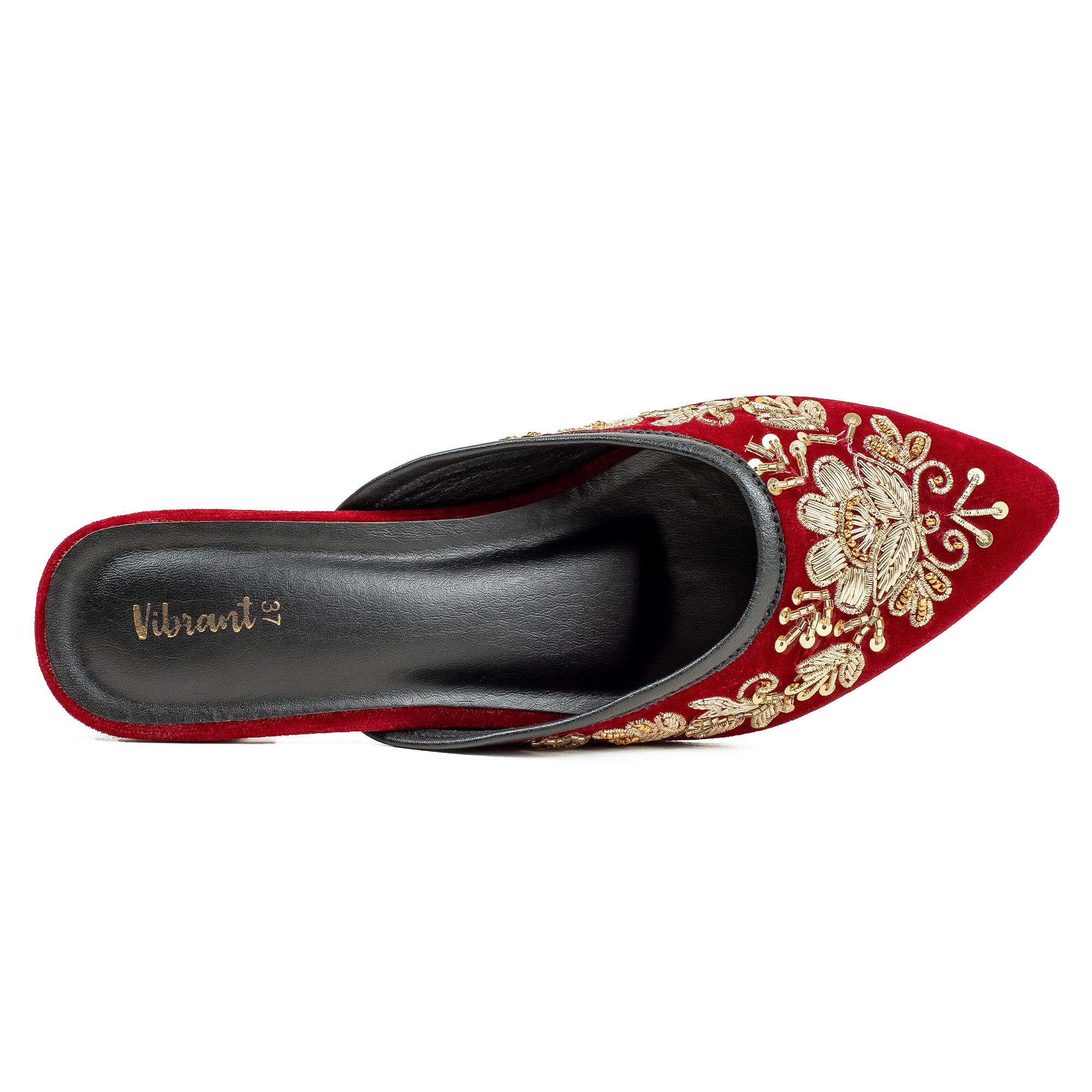 Vibrant Women's Red Embroidered Velvet Block Heel Sandal – Stylish & Comfortable Party Wear Shoes - Vibrantbd.com