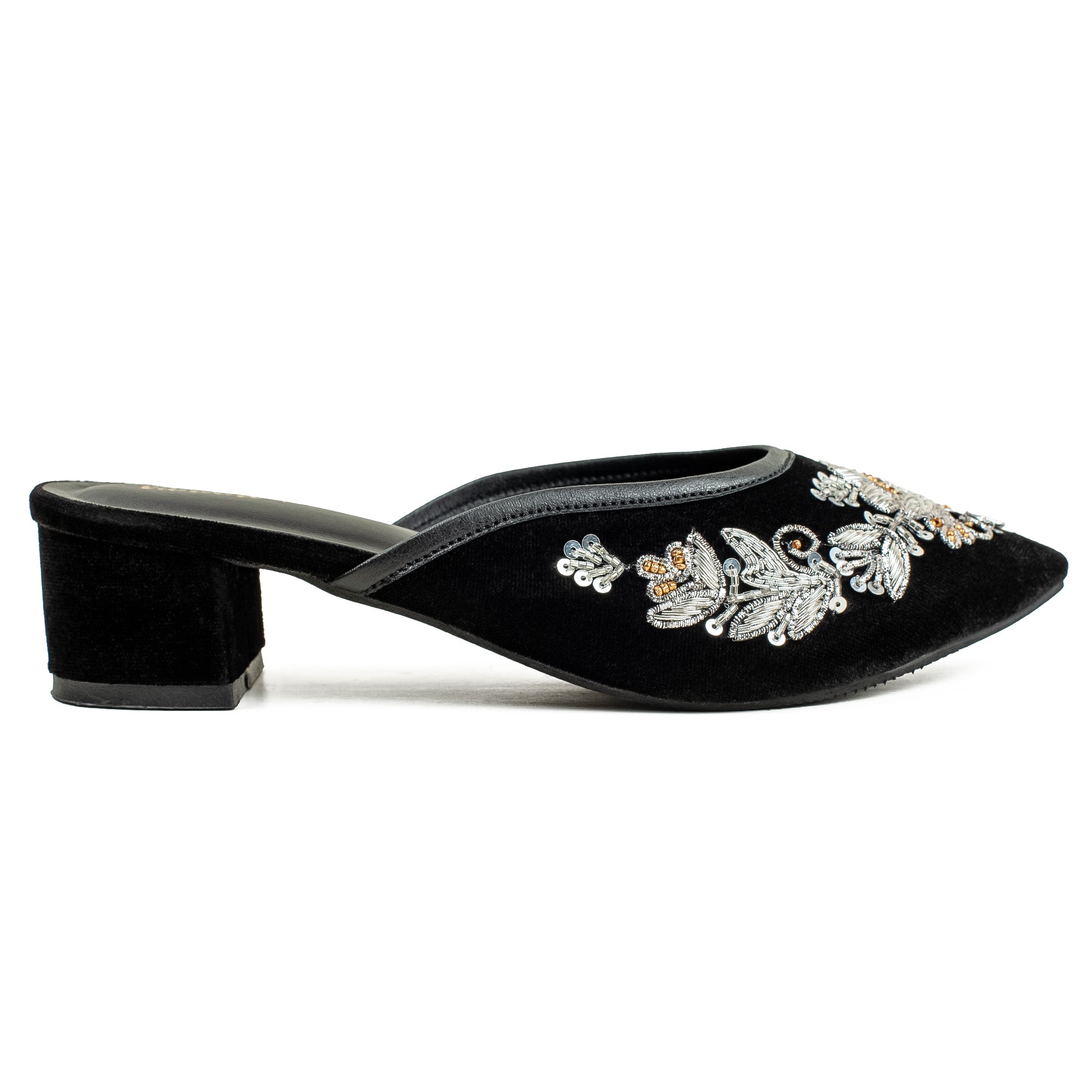 Vibrant Women's Black Embroidered Velvet Block Heel Sandal – Stylish & Comfortable Party Wear Shoes - Vibrantbd.com