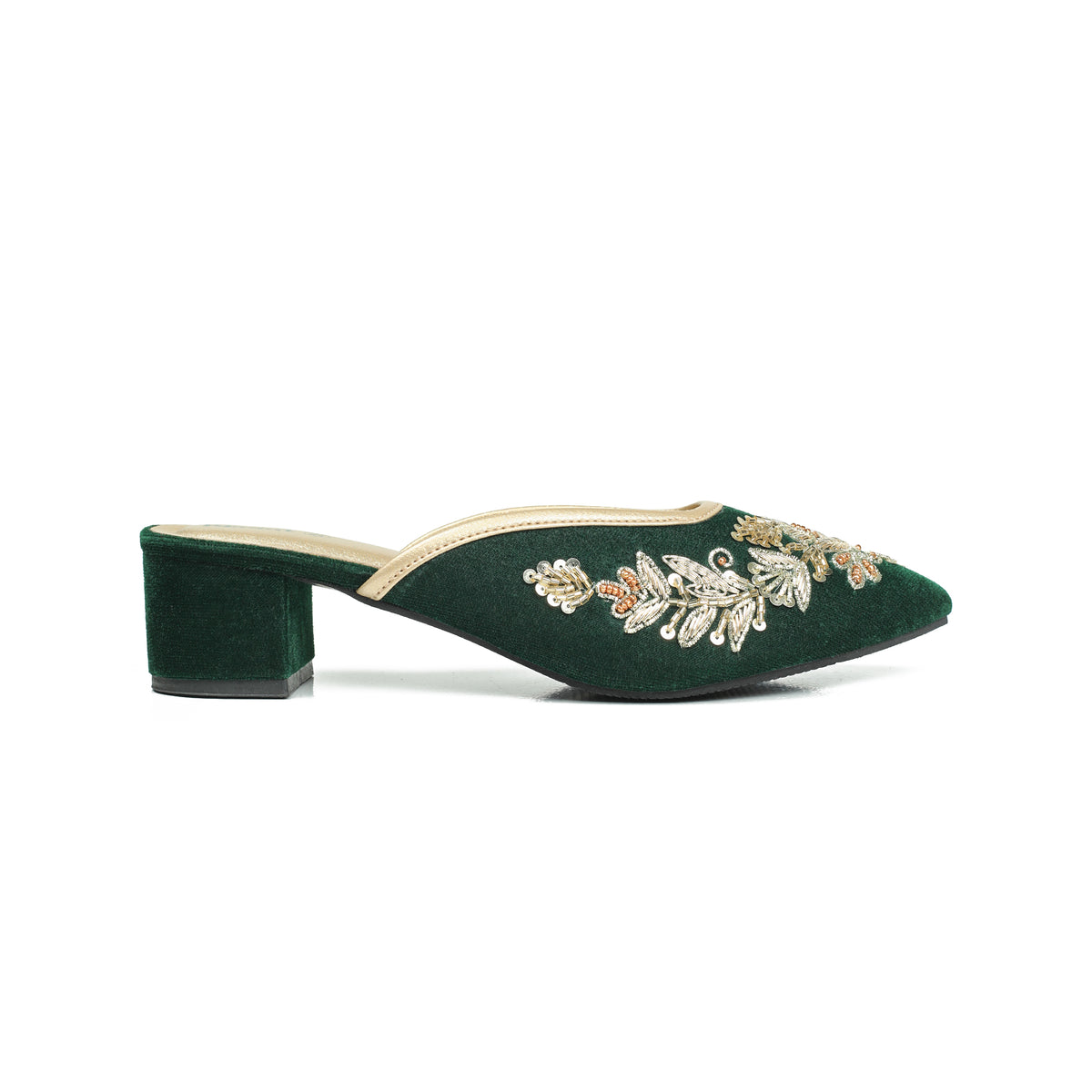 Vibrant Women's Green Embroidered Velvet Block Heel Sandal – Stylish & Comfortable Party Wear Shoes - Vibrantbd.com