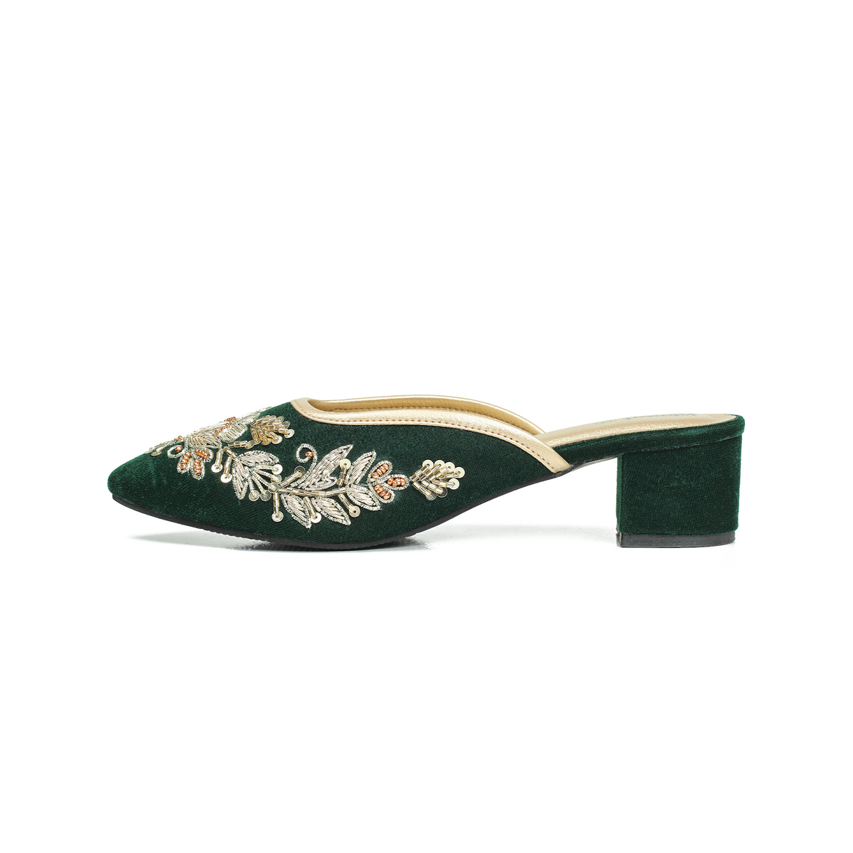 Vibrant Women's Green Embroidered Velvet Block Heel Sandal – Stylish & Comfortable Party Wear Shoes - Vibrantbd.com