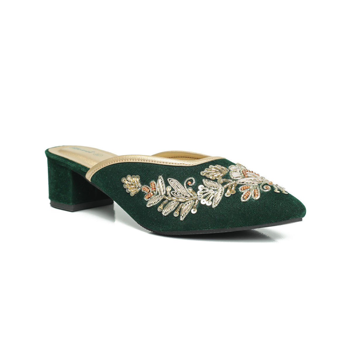 Vibrant Women's Green Embroidered Velvet Block Heel Sandal – Stylish & Comfortable Party Wear Shoes - Vibrantbd.com