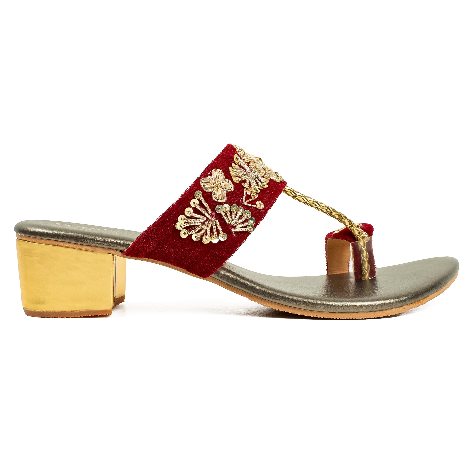 Vibrant Ladies Red & Gold Embroidered Mid-Heel Sandal – Elegant & Comfortable Block Heel - Vibrantbd.com