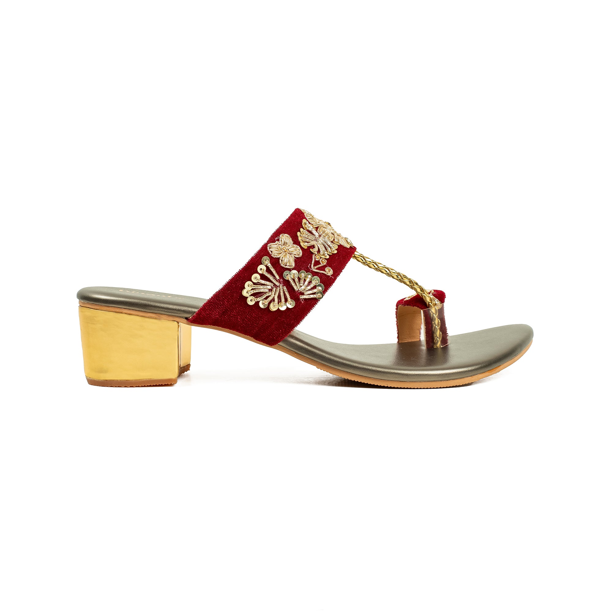 Vibrant Ladies Red & Gold Embroidered Mid-Heel Sandal – Elegant & Comfortable Block Heel - Vibrantbd.com