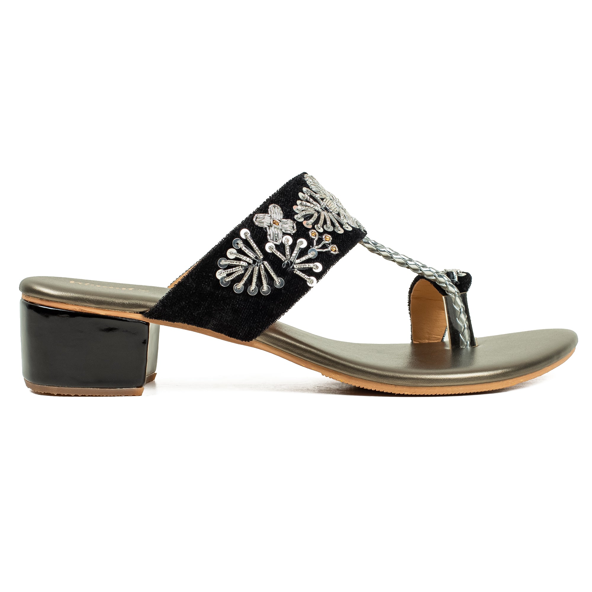 Vibrant Ladies Black & Silver Embroidered Mid-Heel Sandal – Elegant & Comfortable Block Heel - Vibrantbd.com