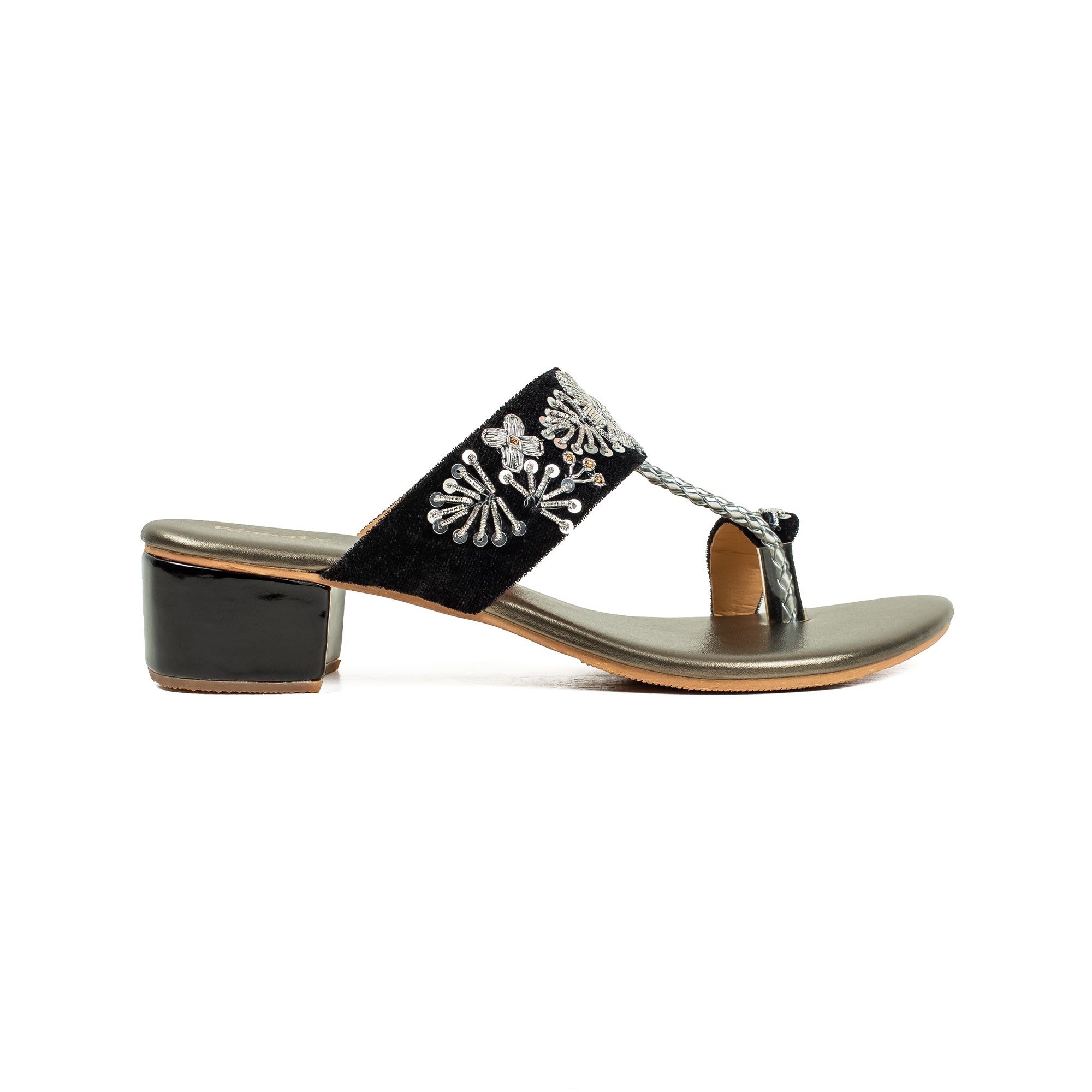 Vibrant Ladies Black & Silver Embroidered Mid-Heel Sandal – Elegant & Comfortable Block Heel - Vibrantbd.com
