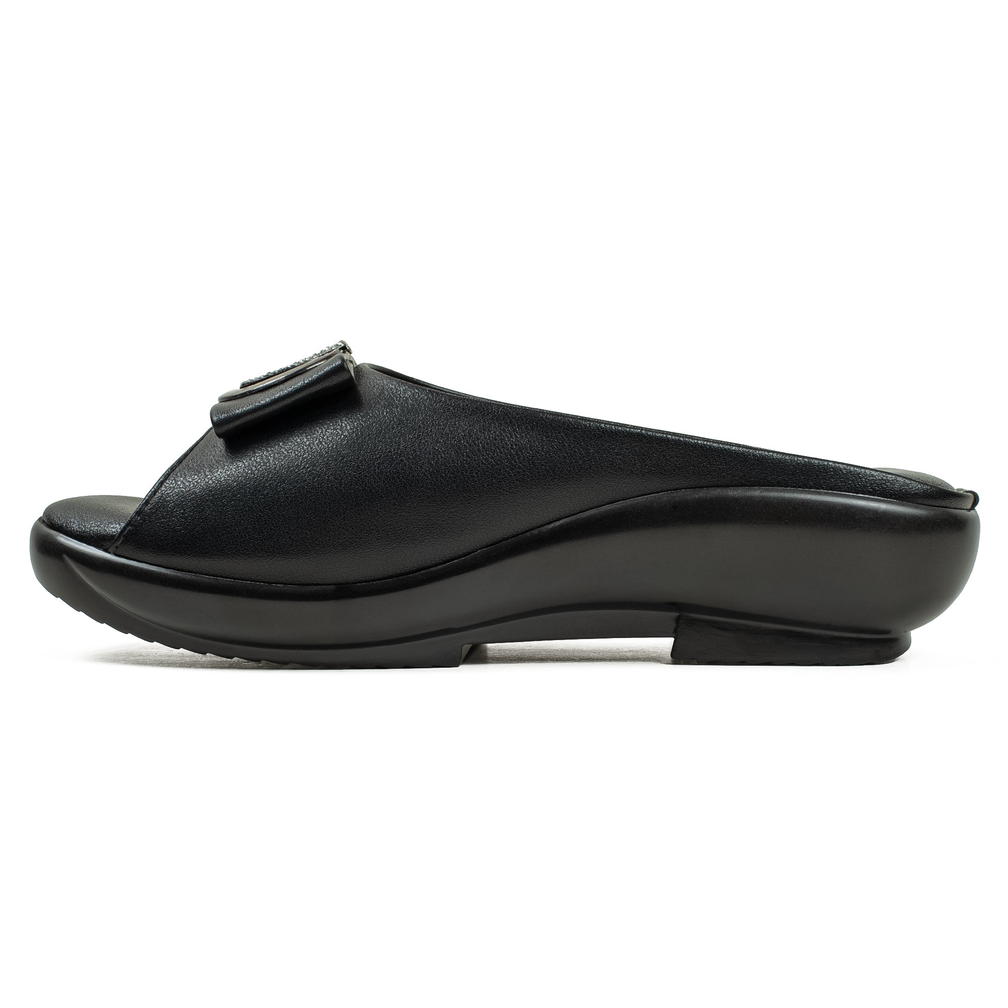 Vibrant Ladies Black PU Medium Heel Shoes with Bow & Cushioned Insole - Stylish and Comfortable Footwear