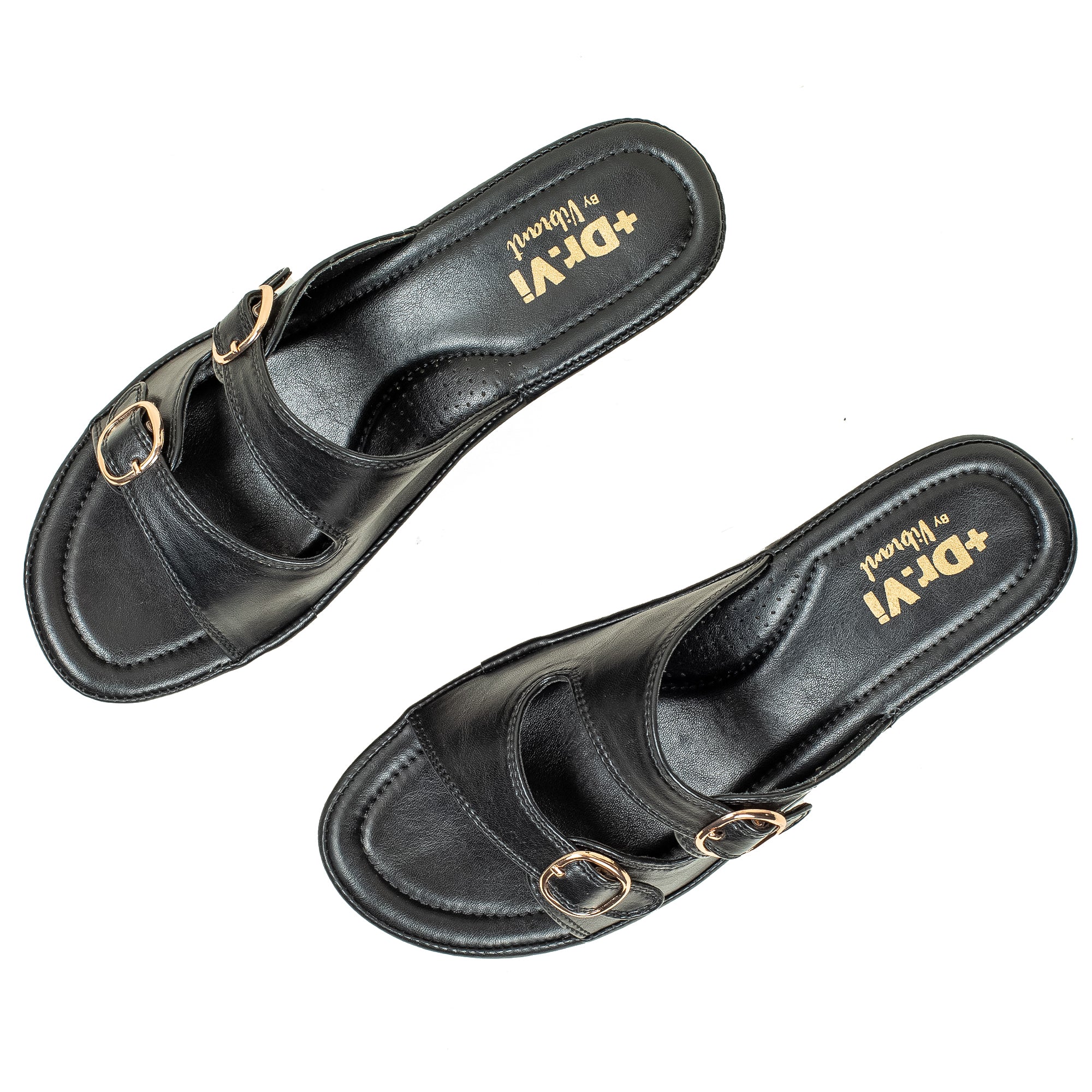Vibrant Dr. Vi Ladies Wedge Heel Comfort Sandal – Black PU Leather, Adjustable Straps & Cushioned Insole for Maximum Comfort