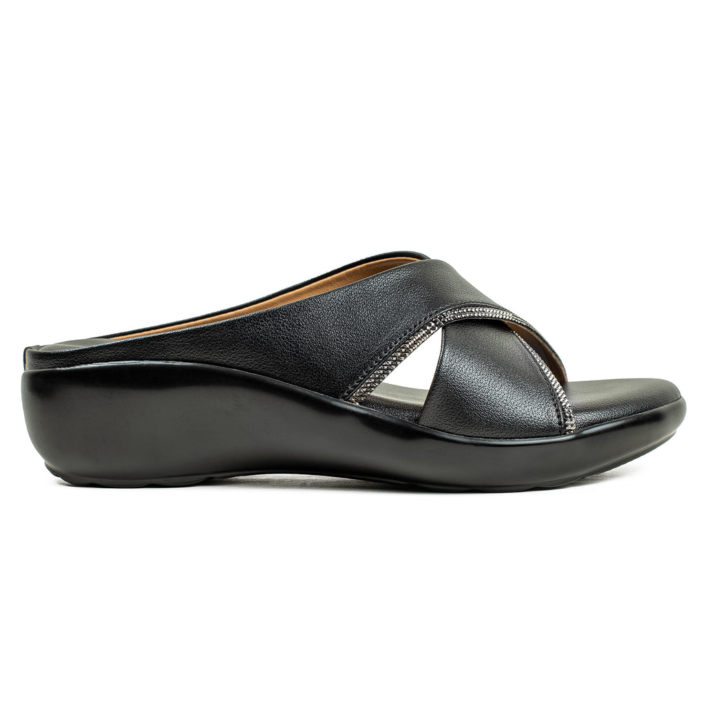 Elegant Black Leather Wedge Sandals For Women With Open Weave Straps Cushioned Insole And 4 cm Heel main image 0