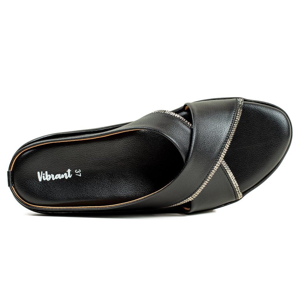 Elegant Black Leather Wedge Sandals For Women With Open Weave Straps Cushioned Insole And 4 cm Heel main image 1