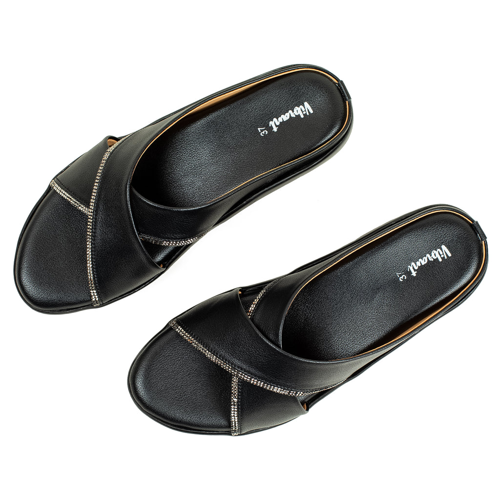 Elegant Black Leather Wedge Sandals For Women With Open Weave Straps Cushioned Insole And 4 cm Heel