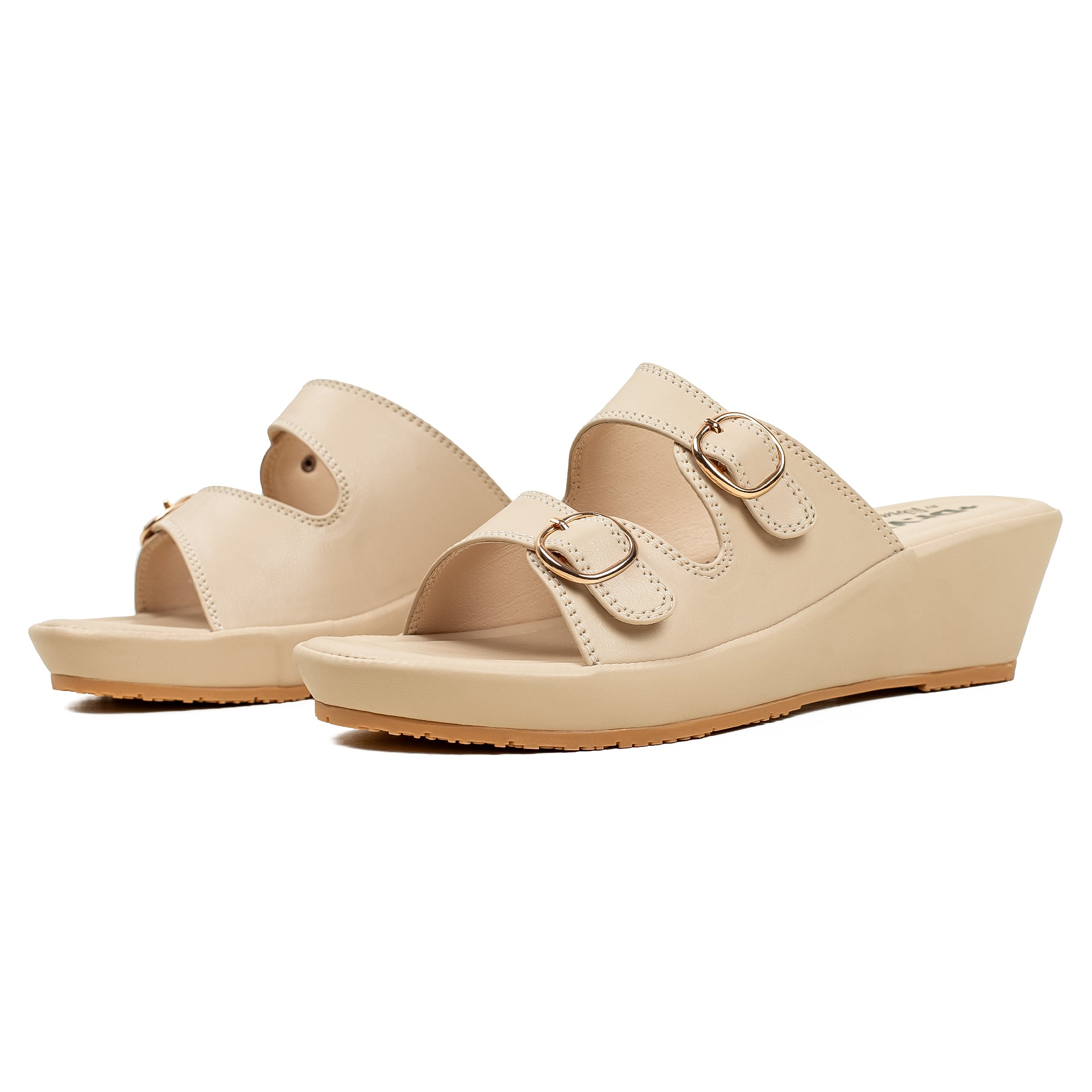 Vibrant Dr. Vi Ladies Wedge Heel Comfort Sandal – Light Beige PU Leather, Adjustable Straps & Cushioned Insole for Maximum Comfort