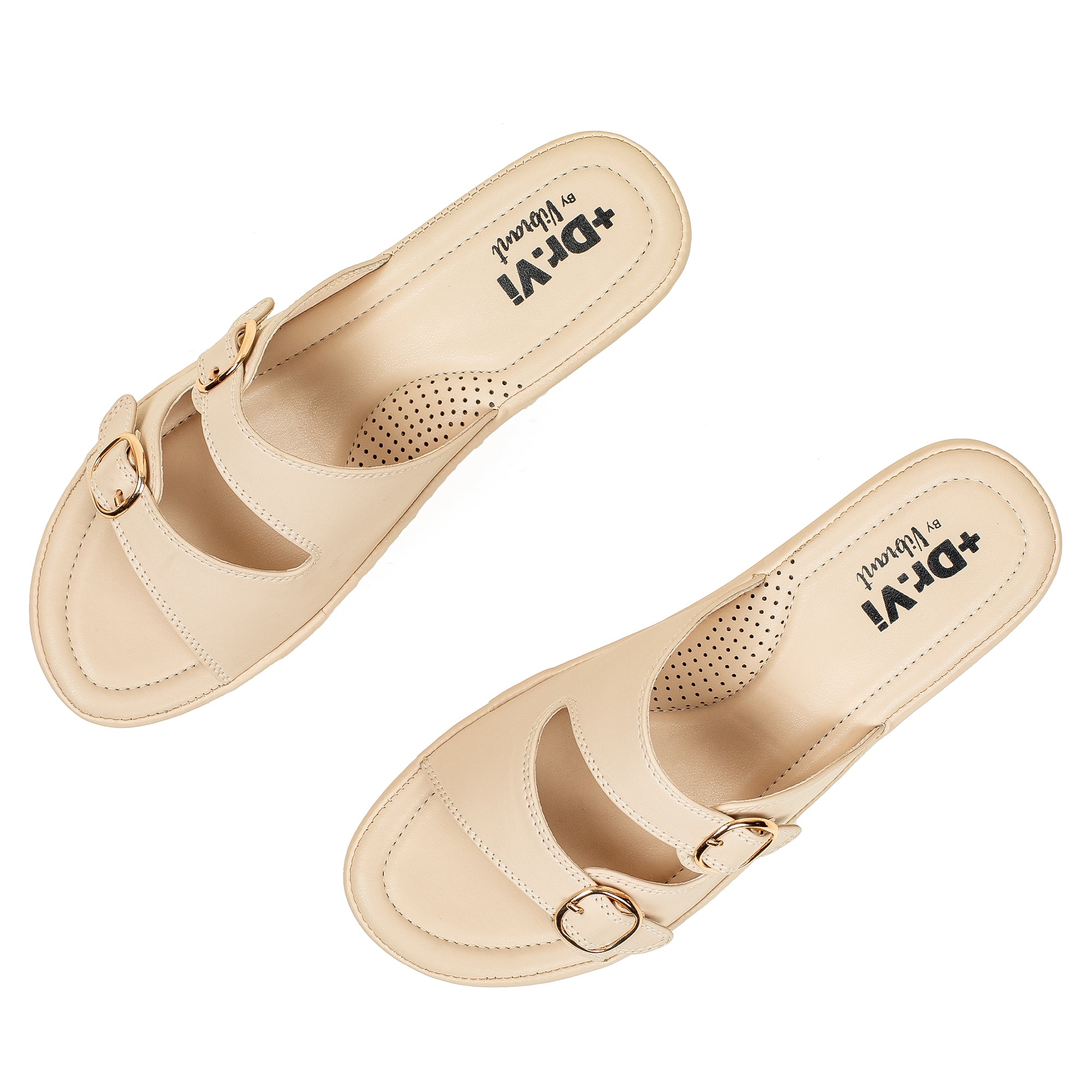 Vibrant Dr. Vi Ladies Wedge Heel Comfort Sandal – Light Beige PU Leather, Adjustable Straps & Cushioned Insole for Maximum Comfort