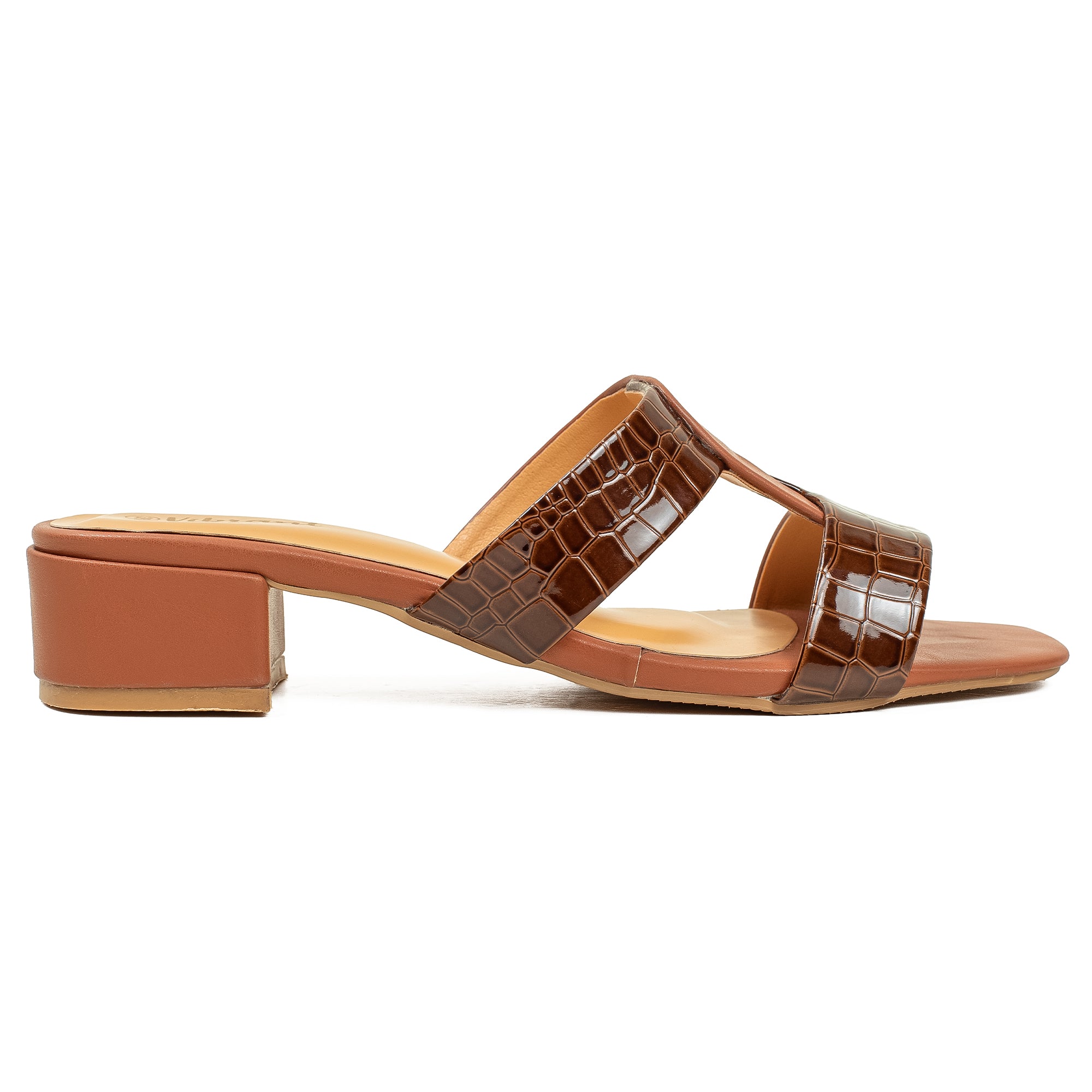 Vibrant Ladies Block Heel Sandal – Brown Croc-Texture PU Upper, Cushioned Insole for Comfort & Style - Vibrantbd.com