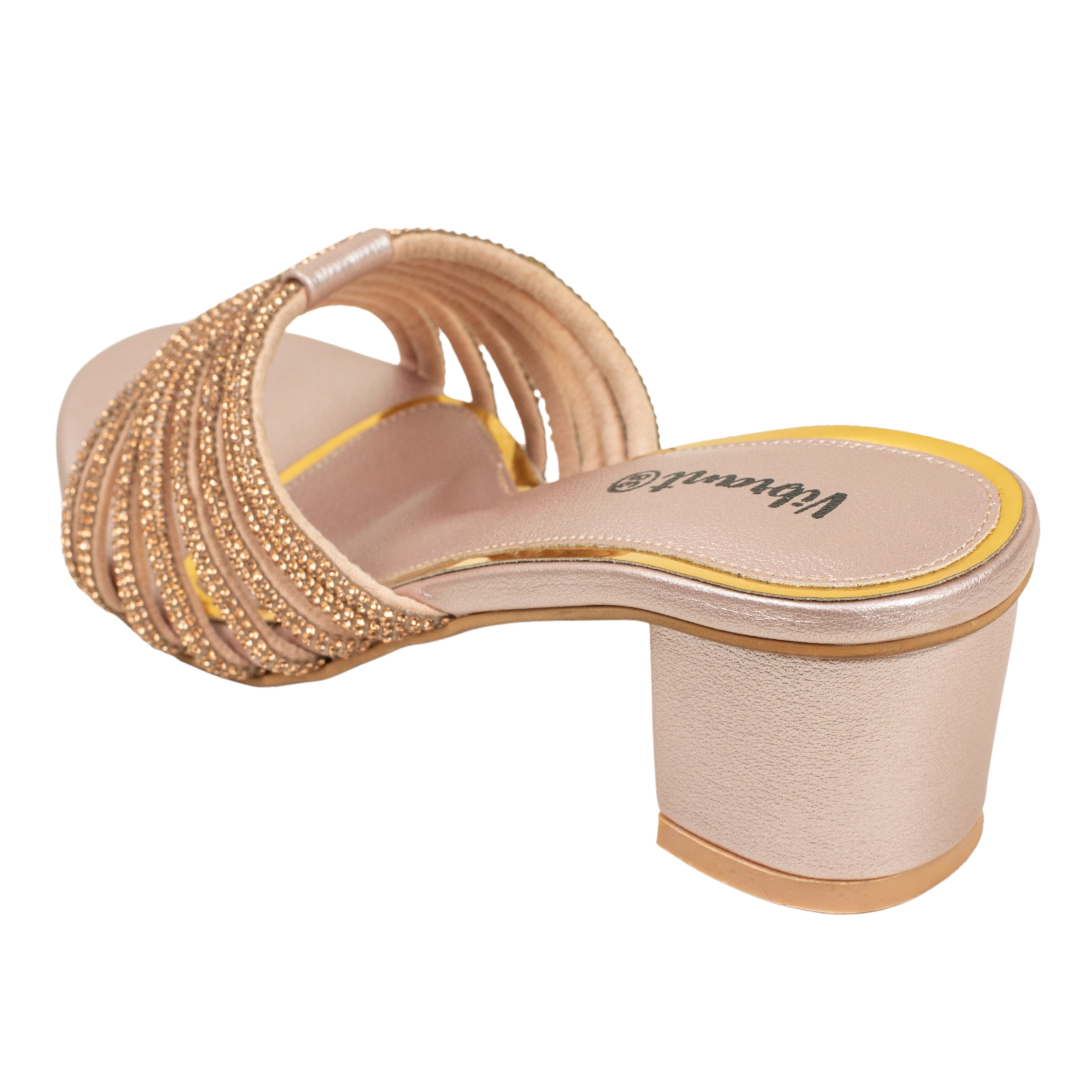 Women’s Rose Gold Open-Toe Block Heel Sandals with Rhinestone Straps
