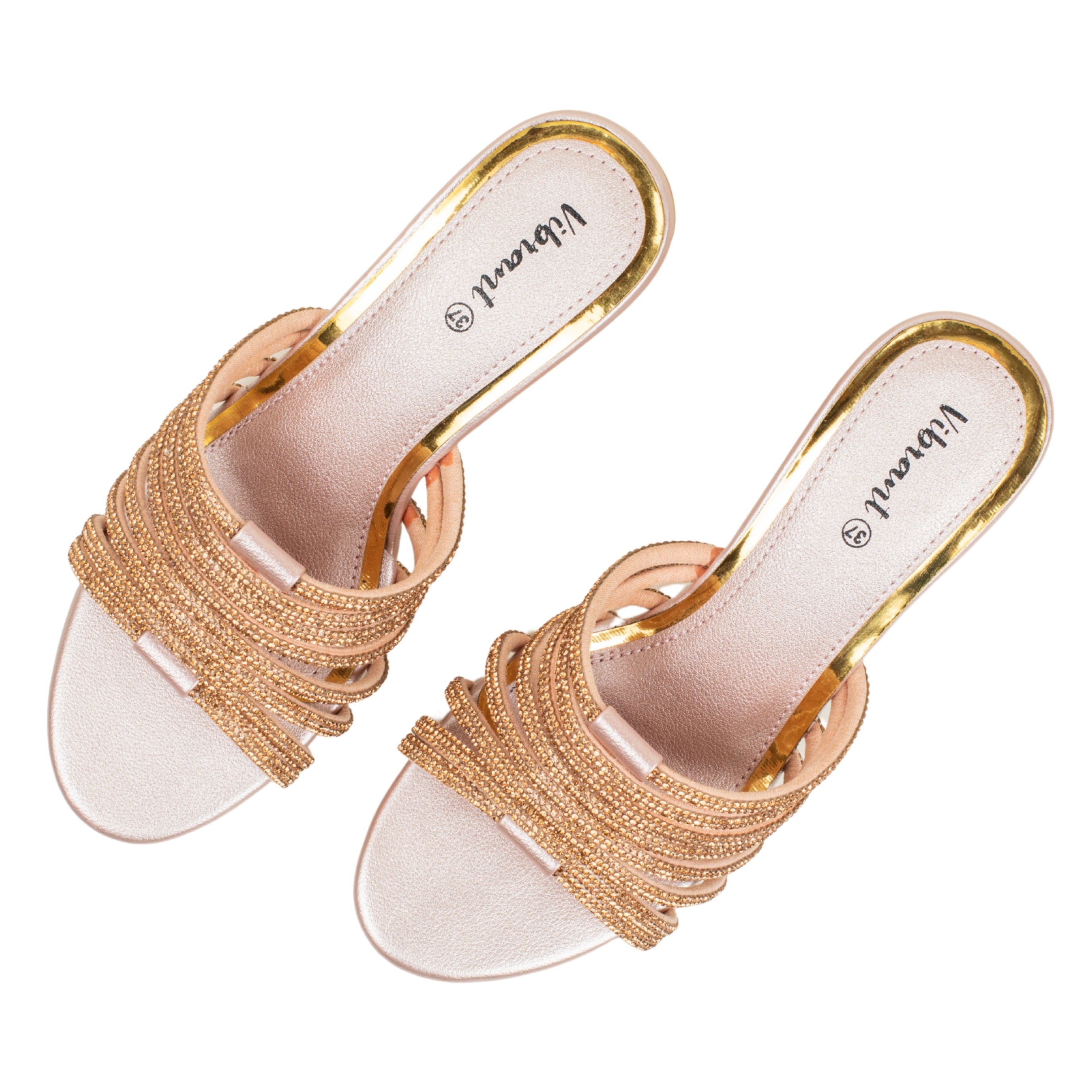 Women’s Rose Gold Open-Toe Block Heel Sandals with Rhinestone Straps