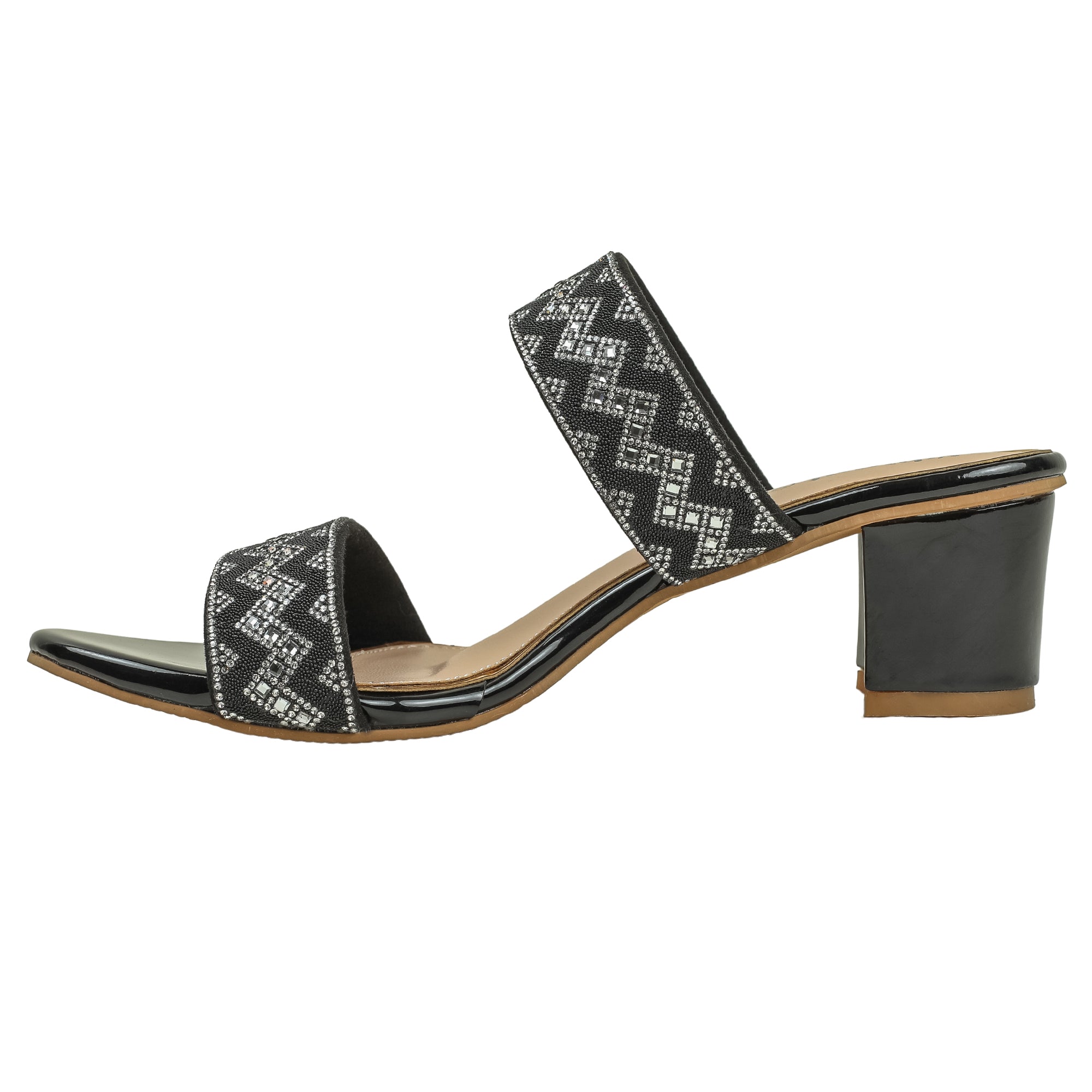Zigzag Pattern Black Block Heel Sandal