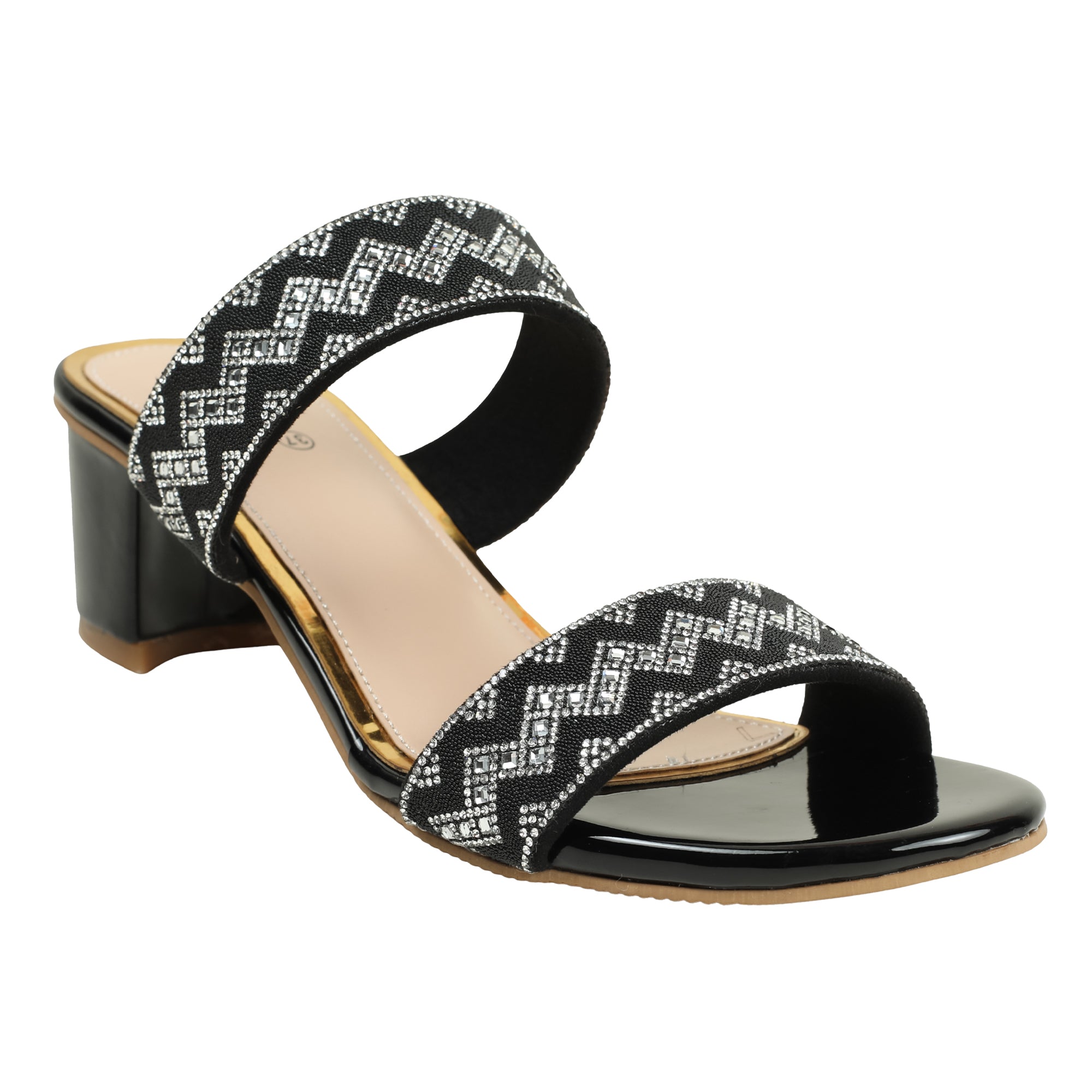 Zigzag Pattern Black Block Heel Sandal