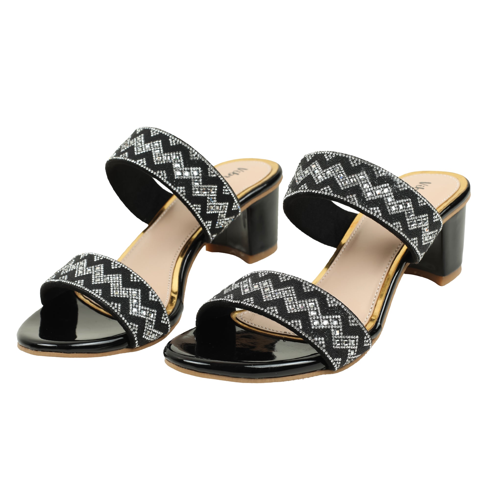 Zigzag Pattern Black Block Heel Sandal