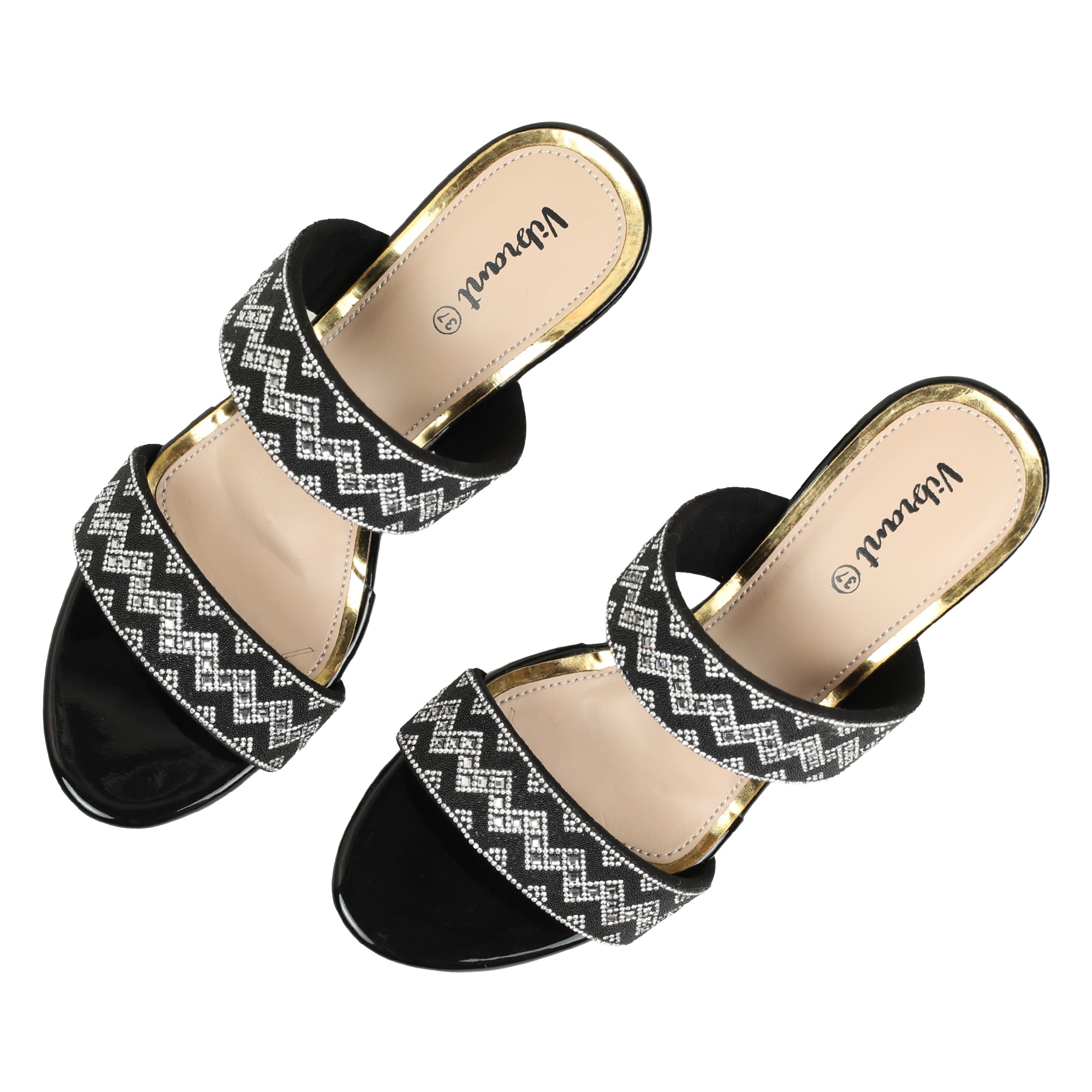Zigzag Pattern Black Block Heel Sandal
