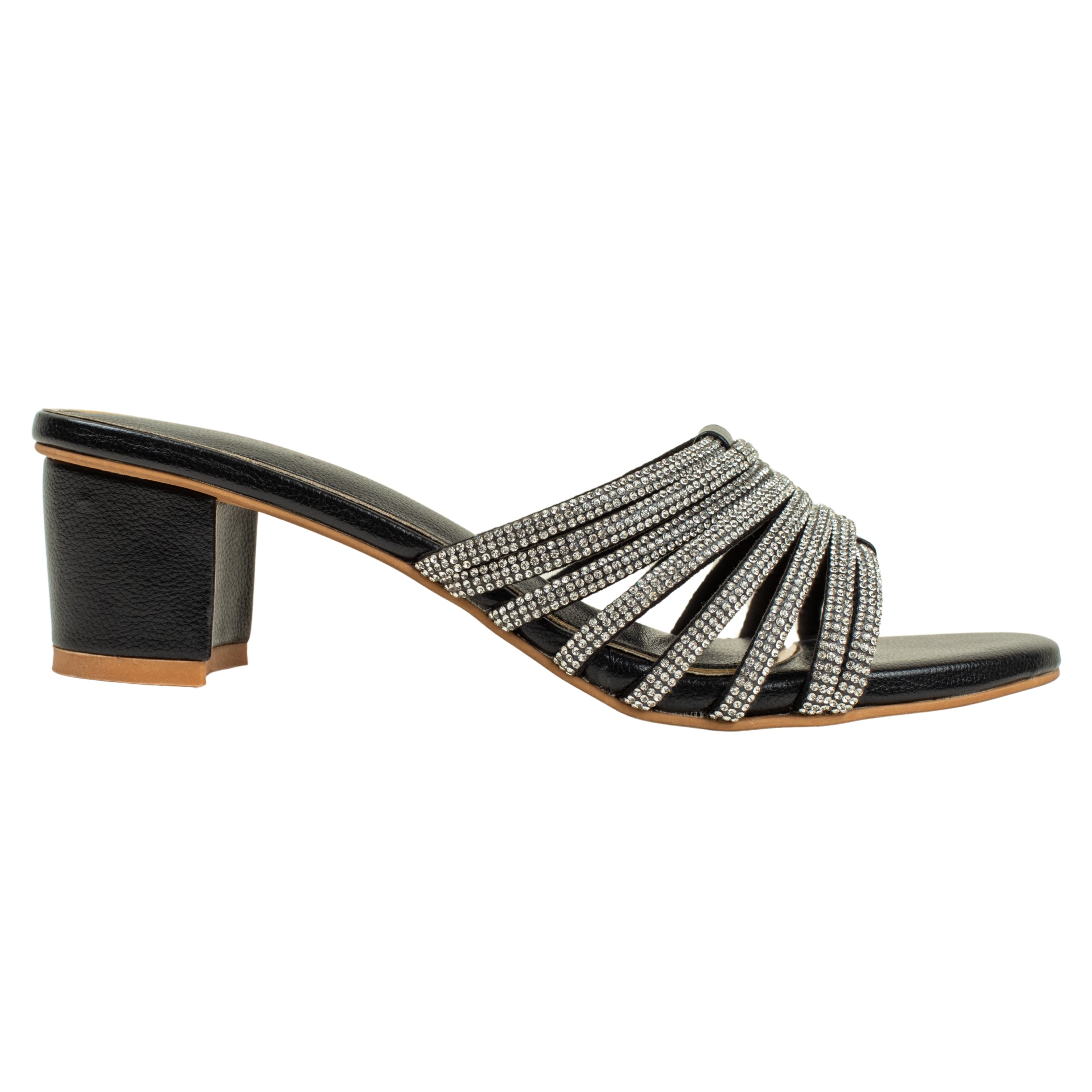 Women’s Black Open-Toe Block Heel Sandals with Rhinestone Straps