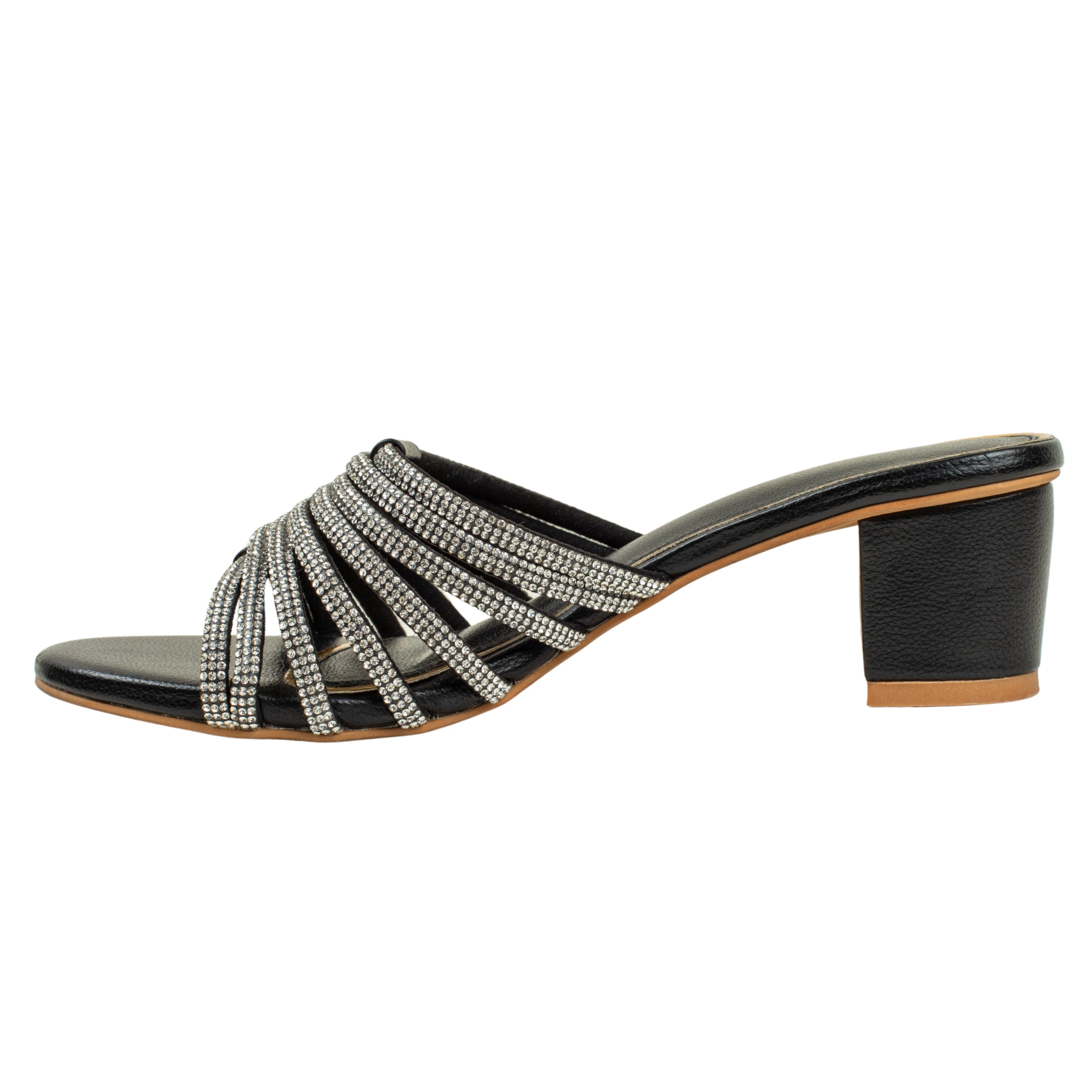 Women’s Black Open-Toe Block Heel Sandals with Rhinestone Straps