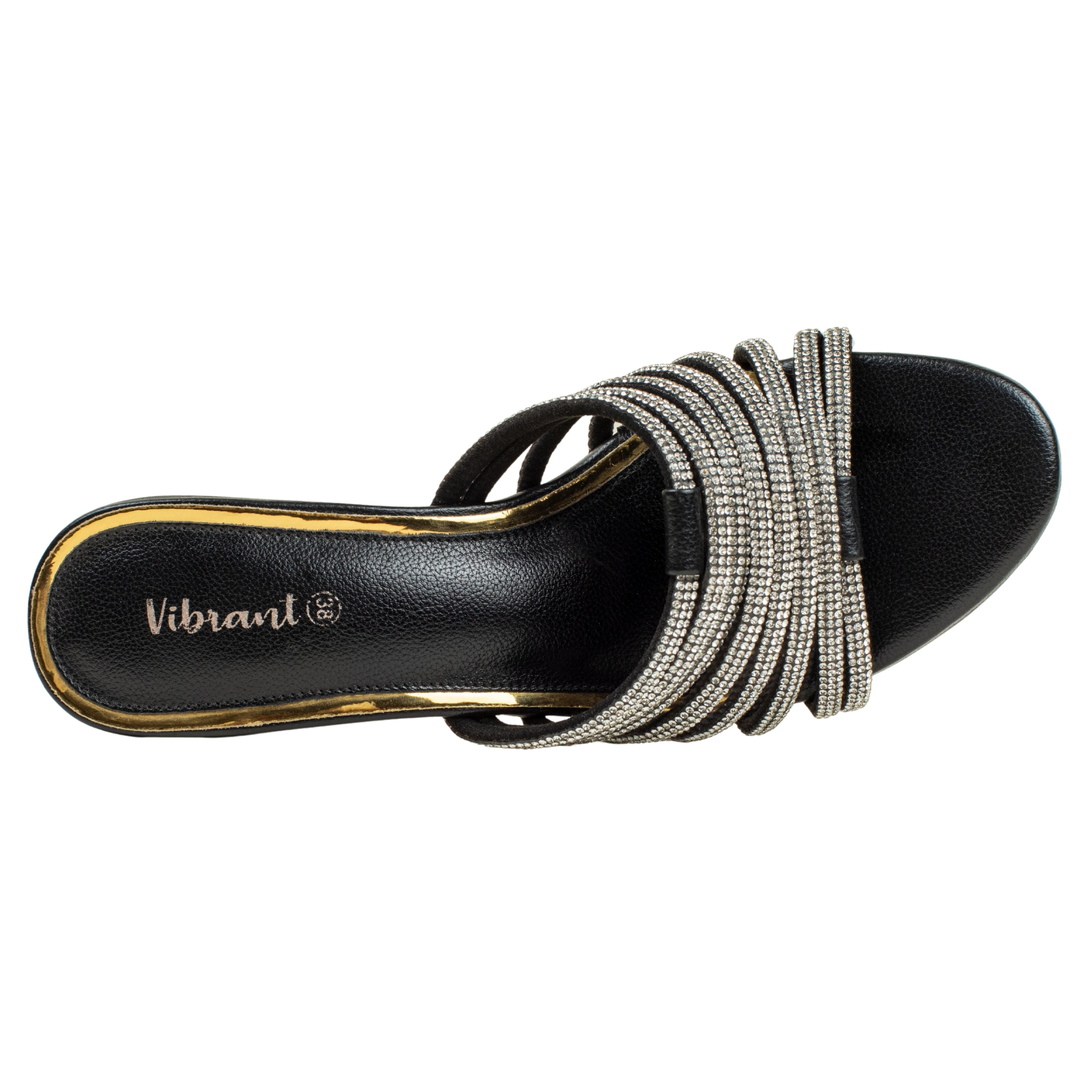 Women’s Black Open-Toe Block Heel Sandals with Rhinestone Straps