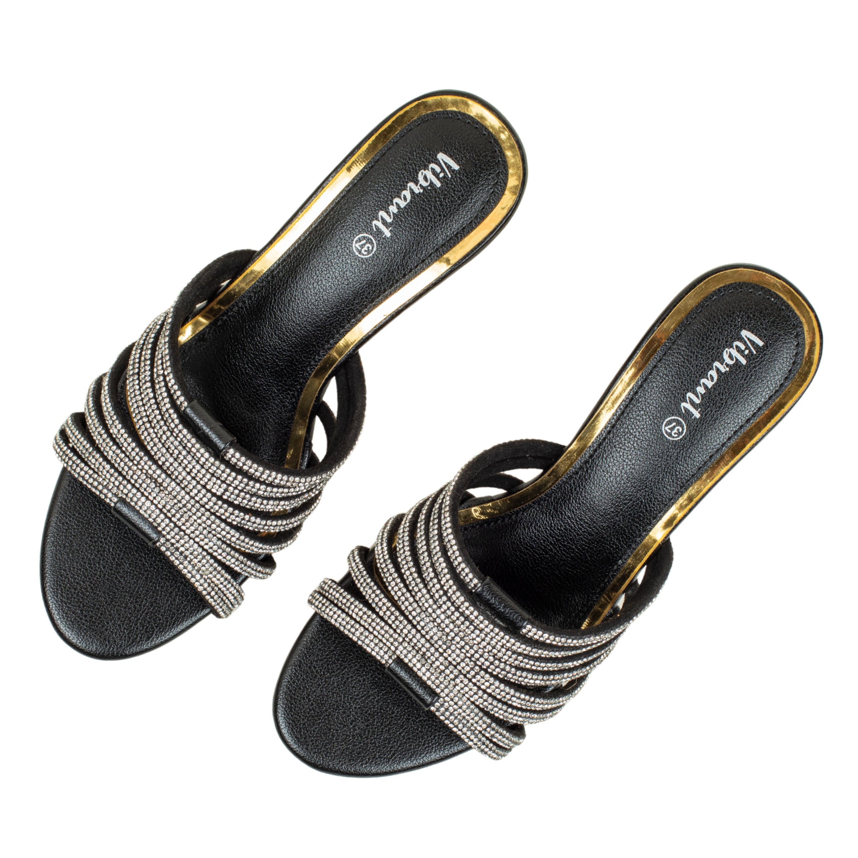 Women’s Black Open-Toe Block Heel Sandals with Rhinestone Straps