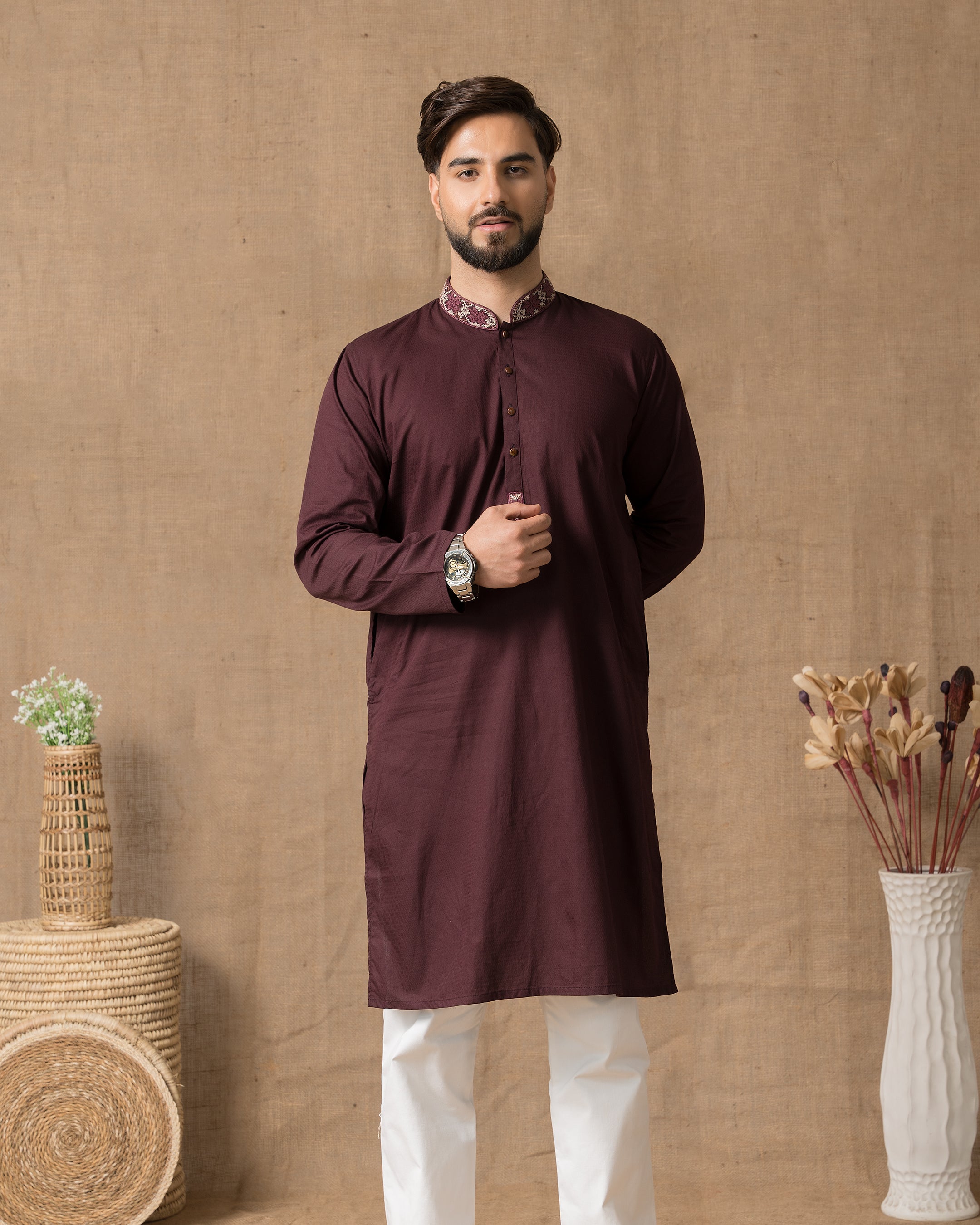 Vibrant Men's Maroon Cotton Panjabi with Embroidered