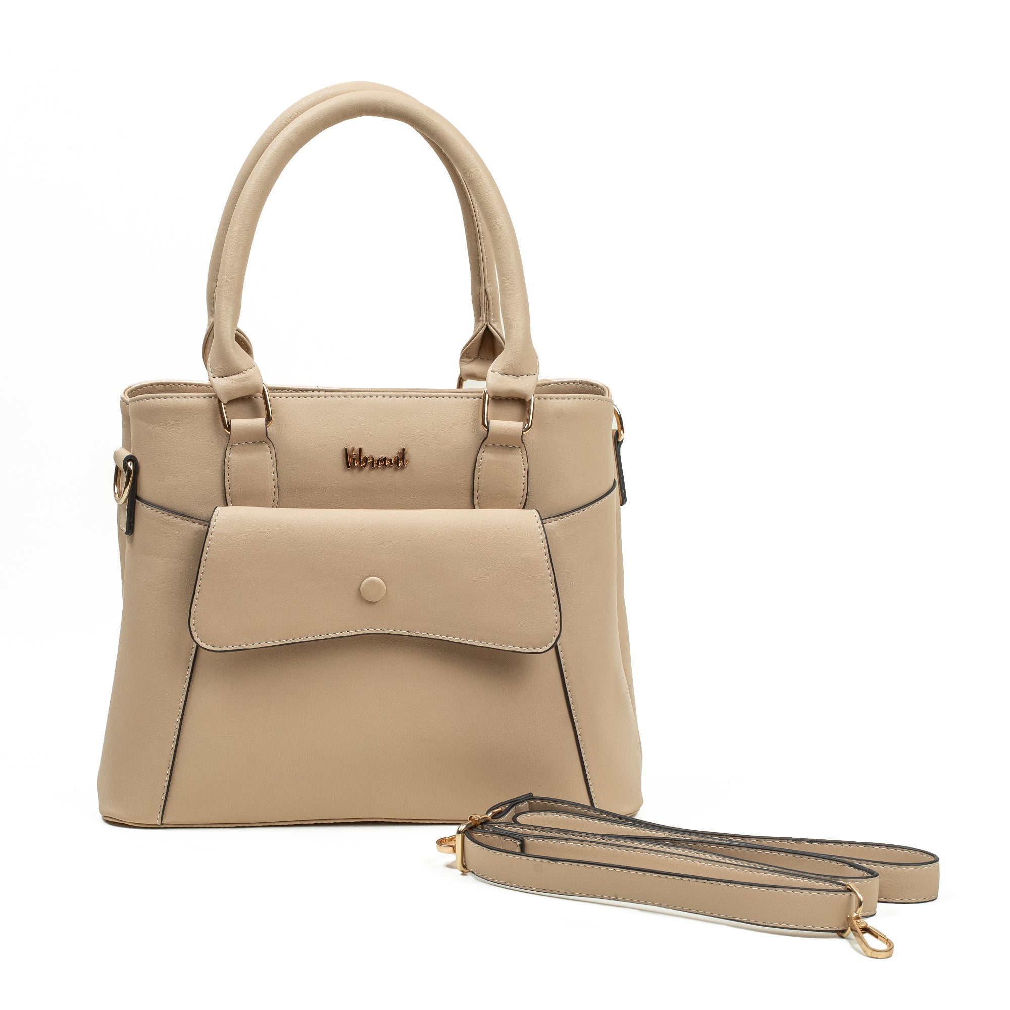Elegant Ladies PU Leather Handbag in Beige | Vibrant® Multi-Compartment Tote with Flap Pocket - Vibrantbd.com