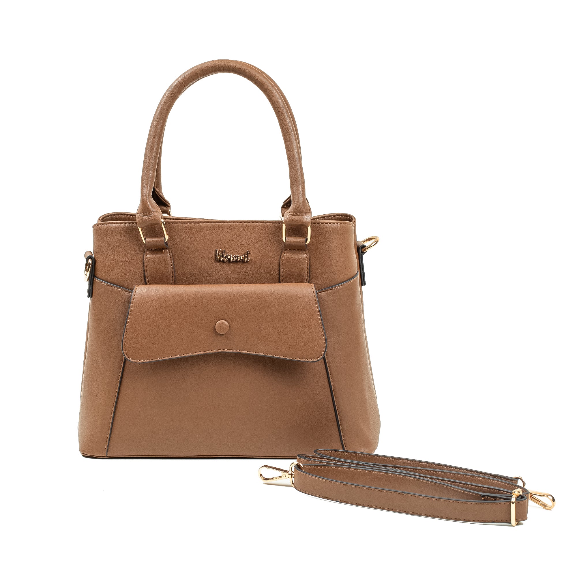 Elegant Ladies PU Leather Handbag in Tan | Vibrant® Multi-Compartment Tote with Flap Pocket - Vibrantbd.com
